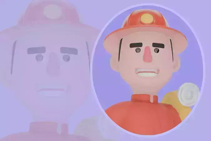 Stylized 3D Firefighter with Hose and Axe - Cartoon Fireman