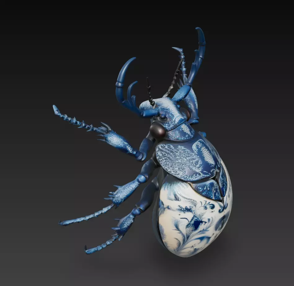 Royal Porcelain Beetle - Blue Decorative Sculpture 3D Model 3D print model_2