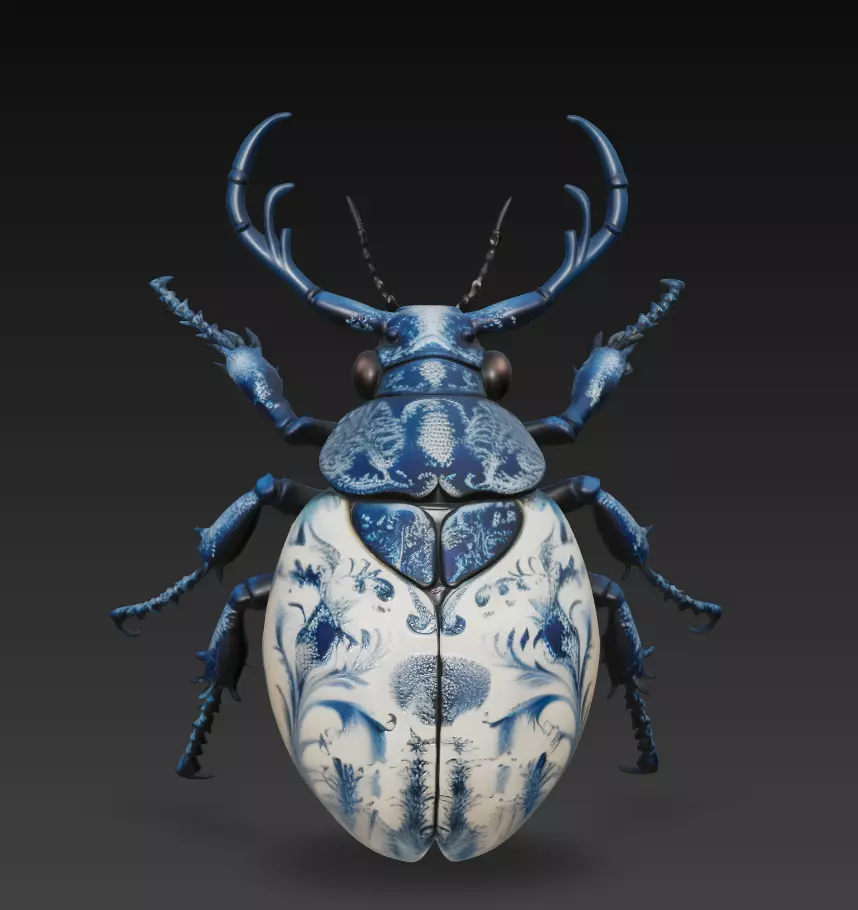 Royal Porcelain Beetle - Blue Decorative Sculpture 3D Model 3D print model_0