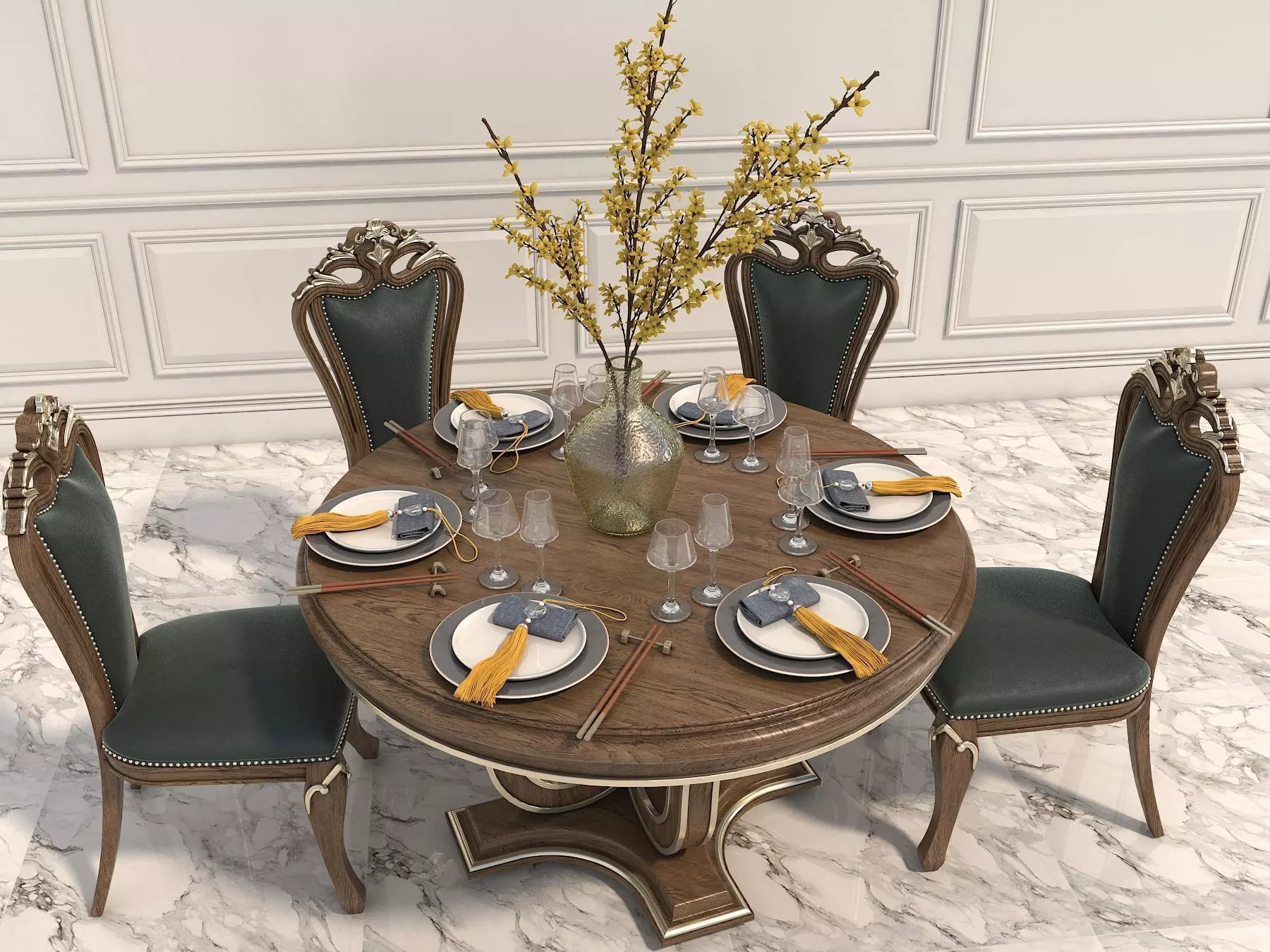 Classic European style Dining Table and Chairs 10 3D model_3