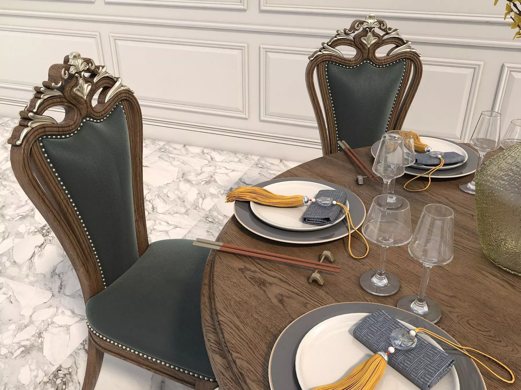Classic European style Dining Table and Chairs 10 3D model_6