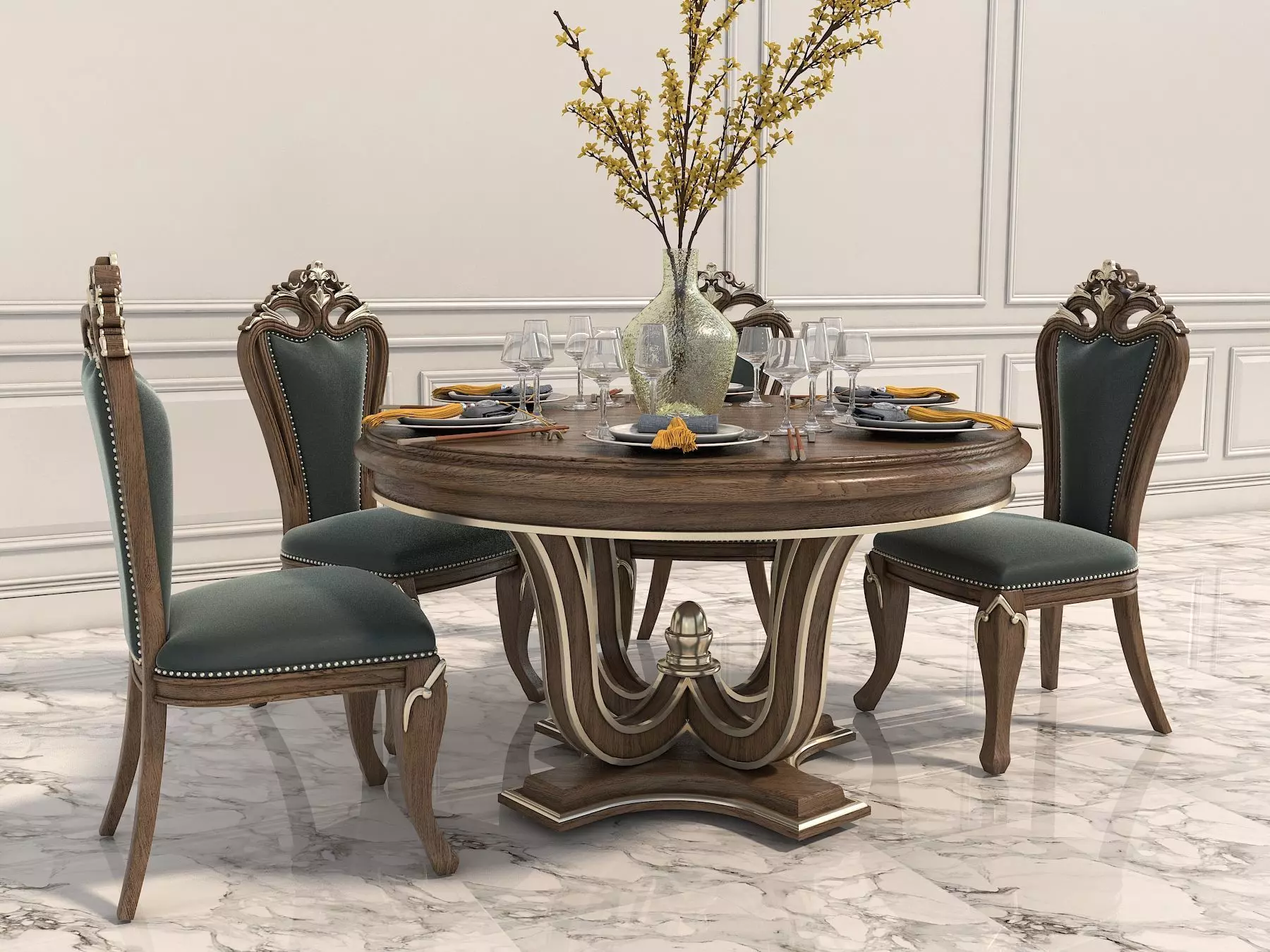 Classic European style Dining Table and Chairs 10 3D model_7