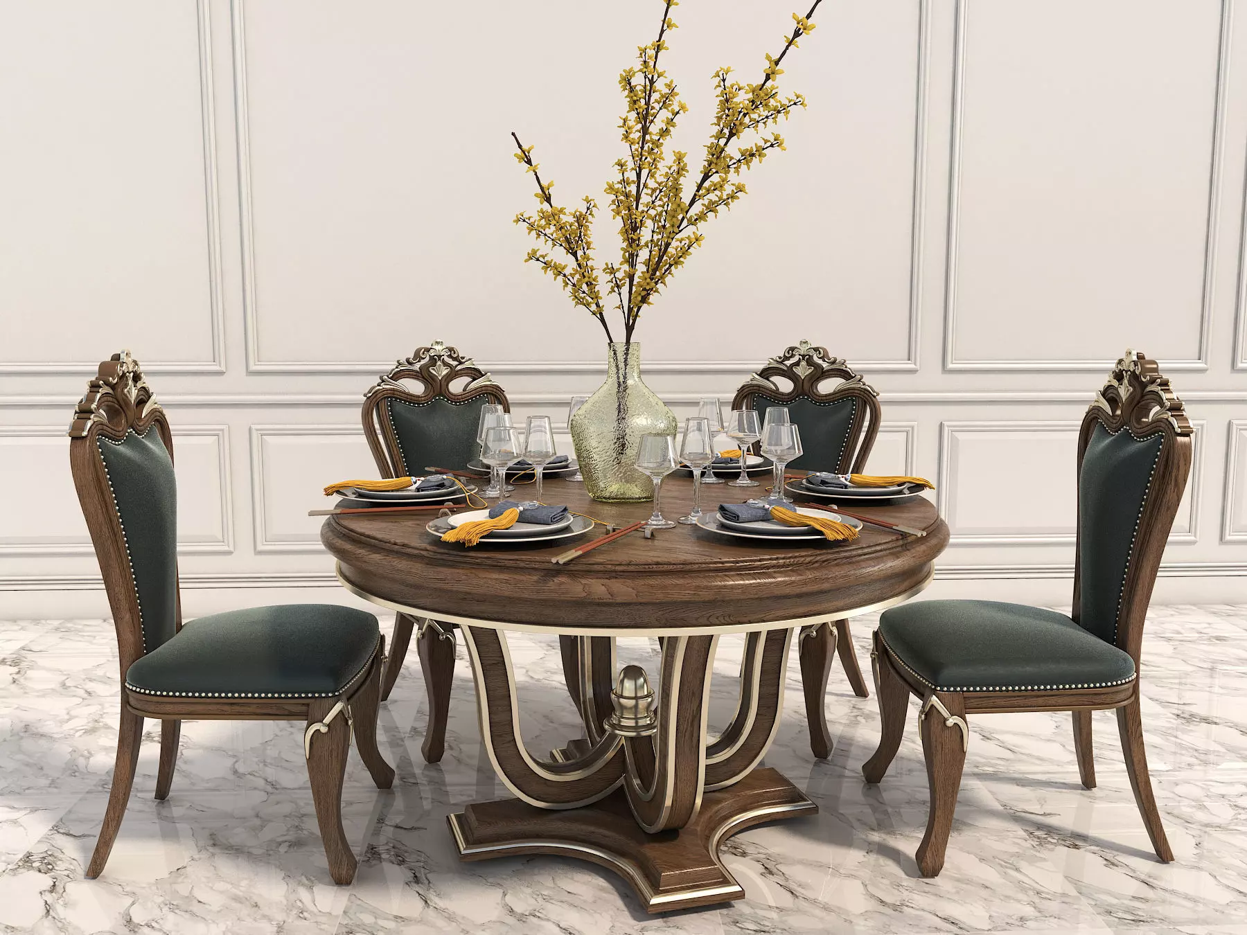 Classic European style Dining Table and Chairs 10 3D model_2