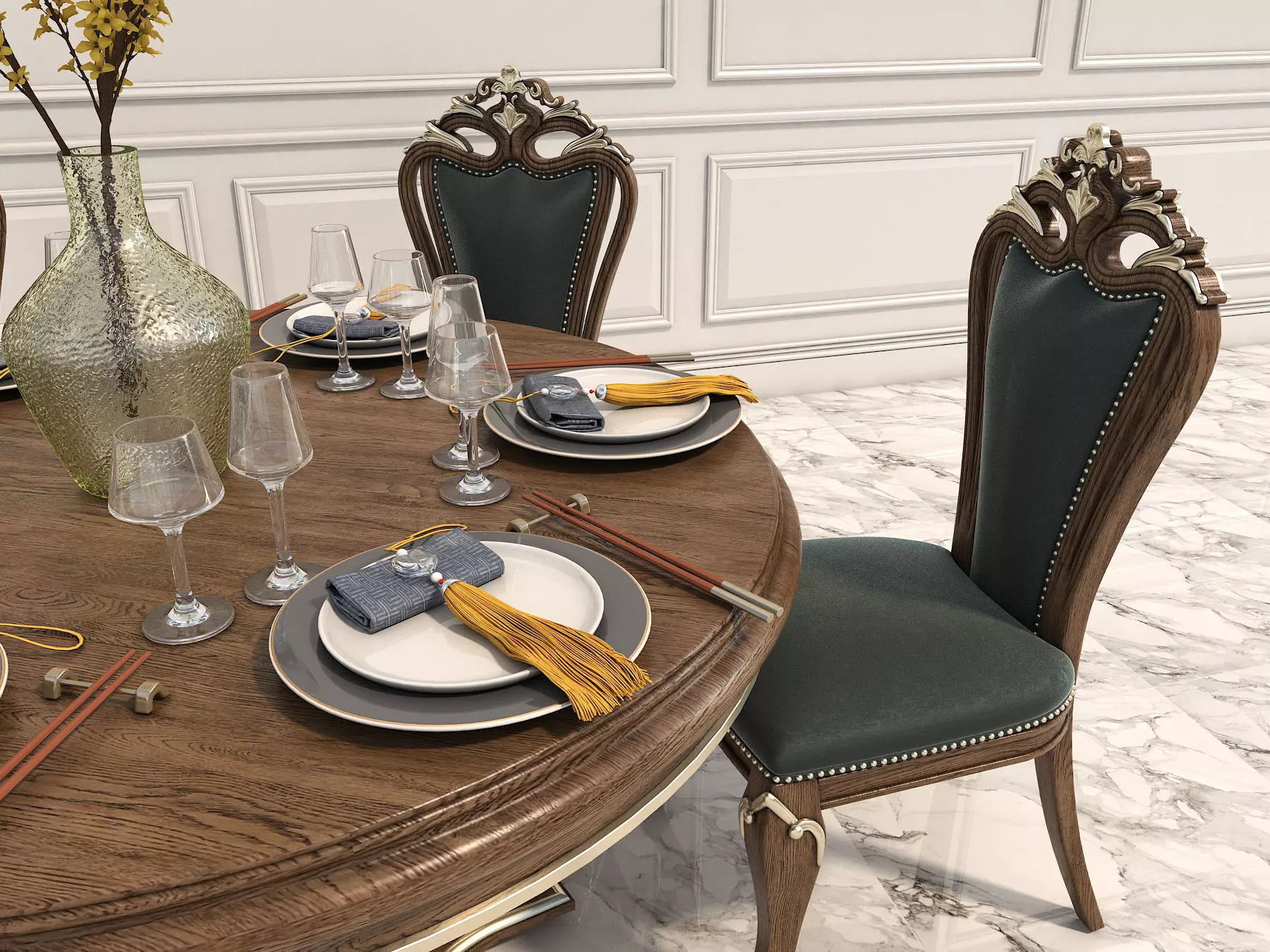Classic European style Dining Table and Chairs 10 3D model_4