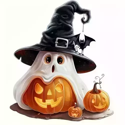 Cute Halloween Ghost Witch Hat Glowing Pumpkins 3D