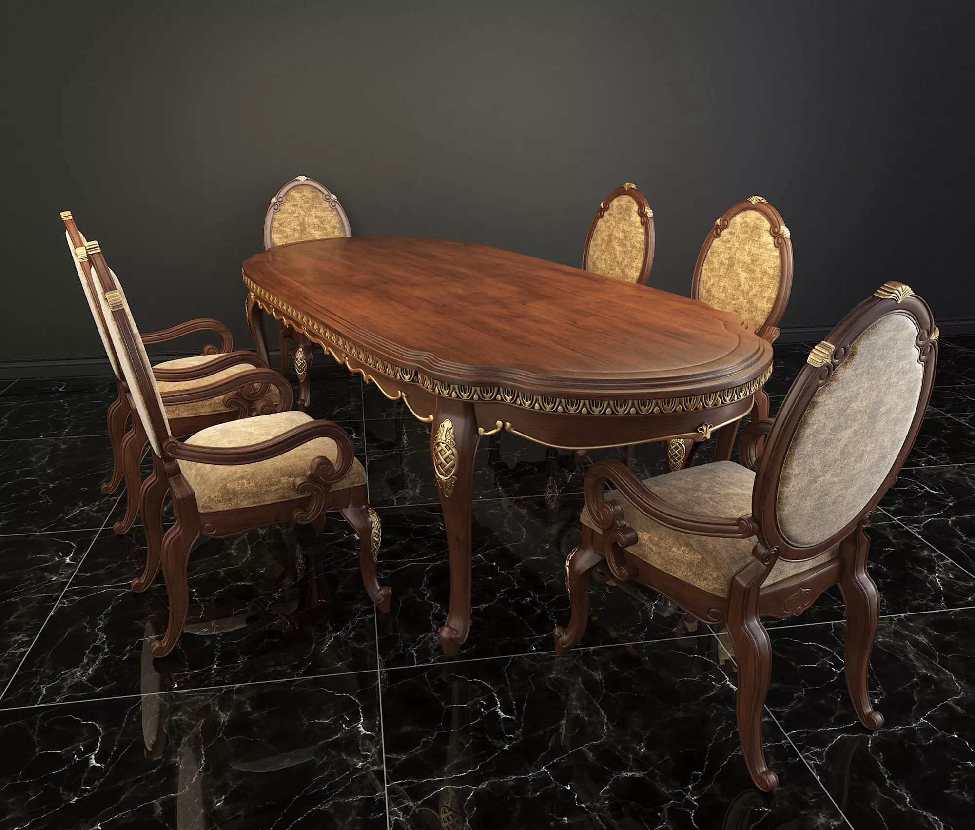 Classic European style Dining Table and Chairs 12 3D model_1