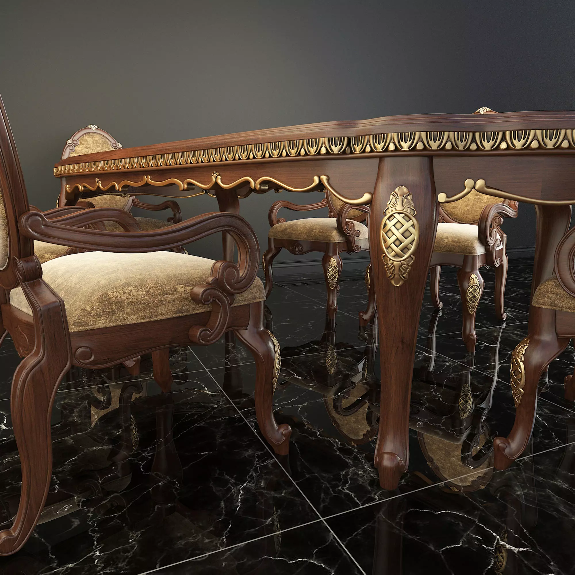 Classic European style Dining Table and Chairs 12 3D model_2