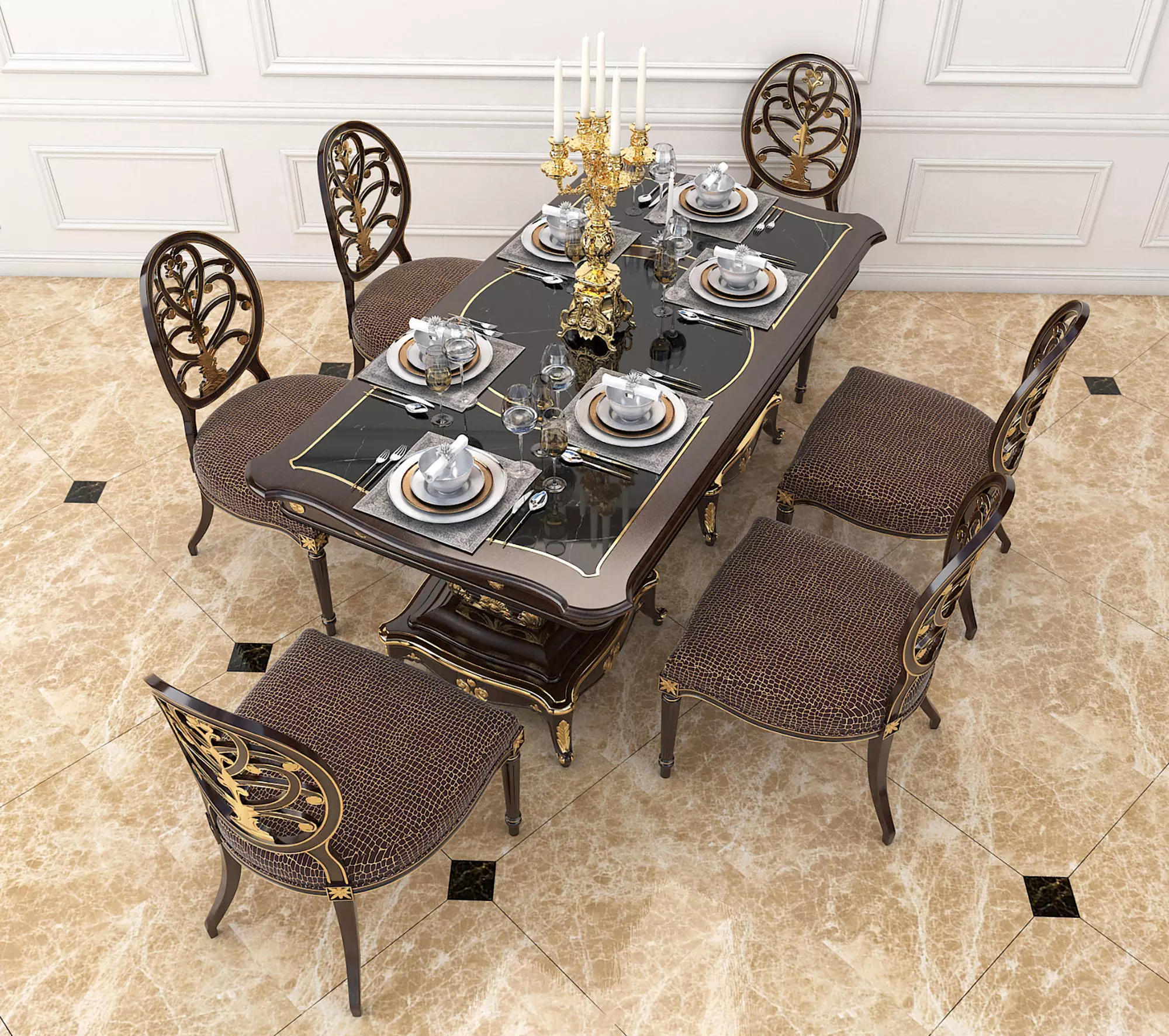 Classic European style Dining Table and Chairs 14 3D model_2