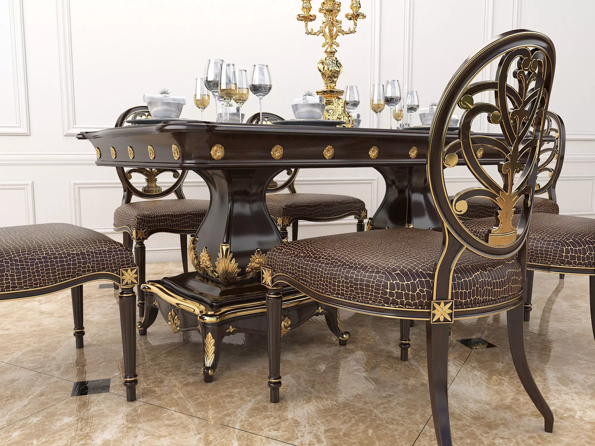 Classic European style Dining Table and Chairs 14 3D model_6