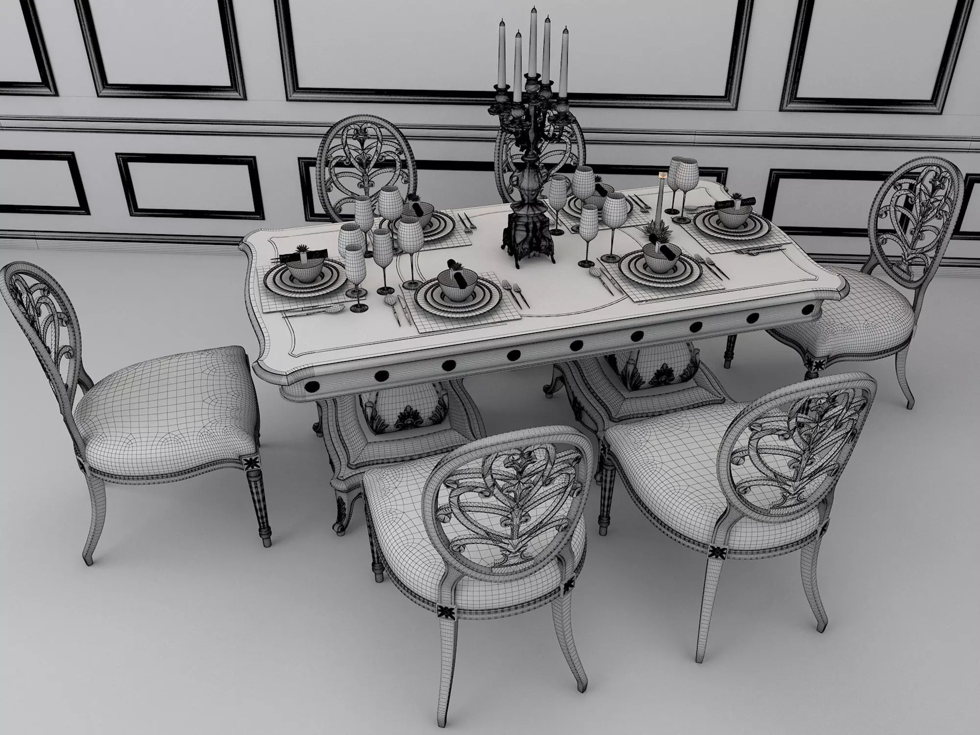 Classic European style Dining Table and Chairs 14 3D model_8