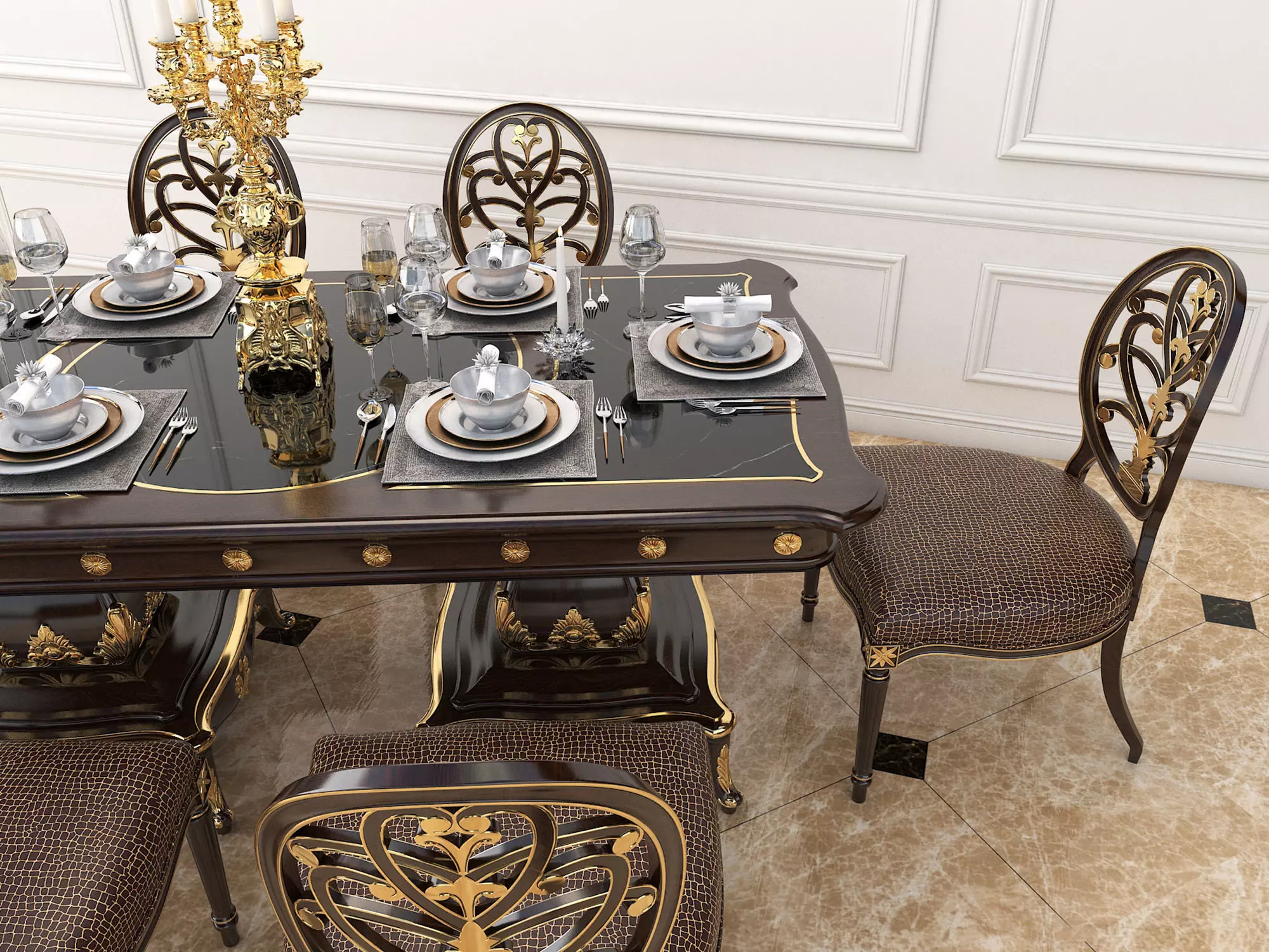 Classic European style Dining Table and Chairs 14 3D model_3