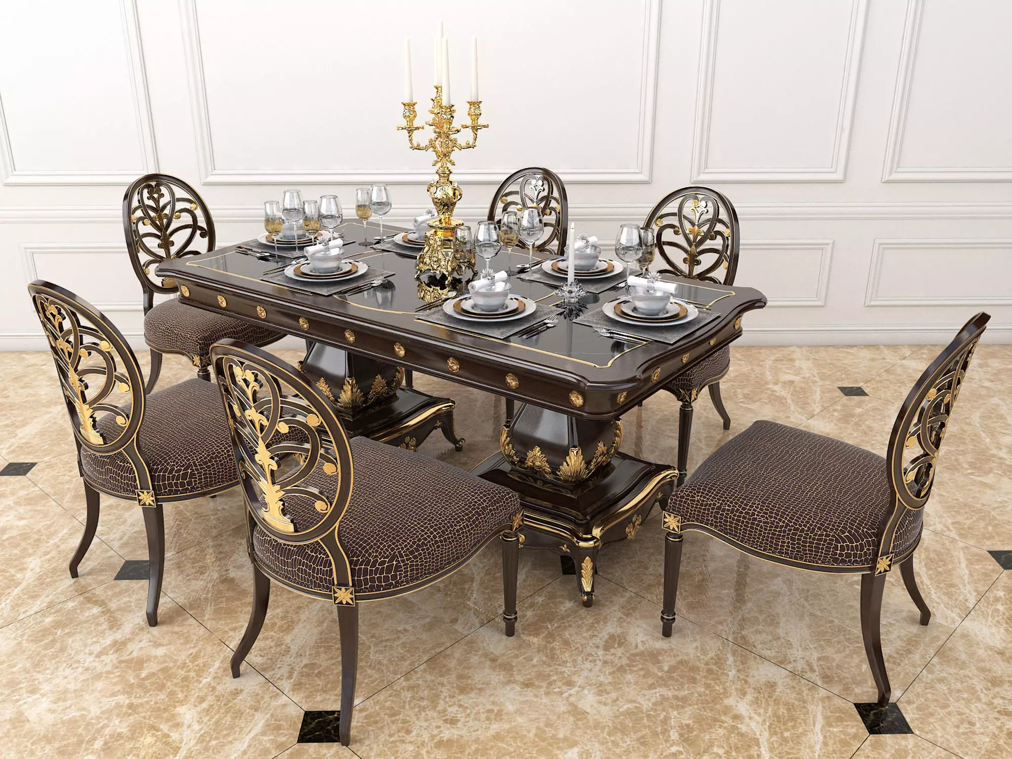 Classic European style Dining Table and Chairs 14 3D model_1