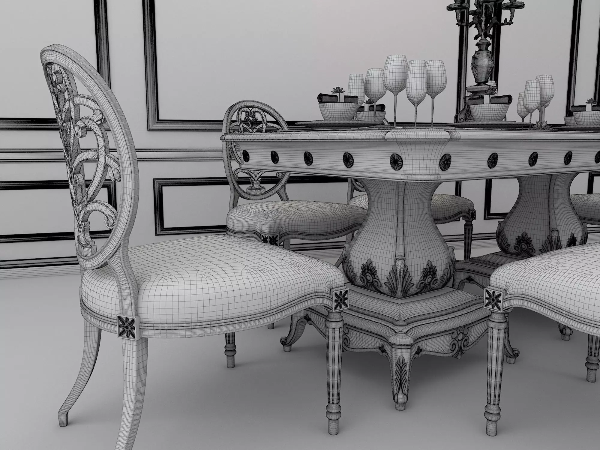 Classic European style Dining Table and Chairs 14 3D model_10