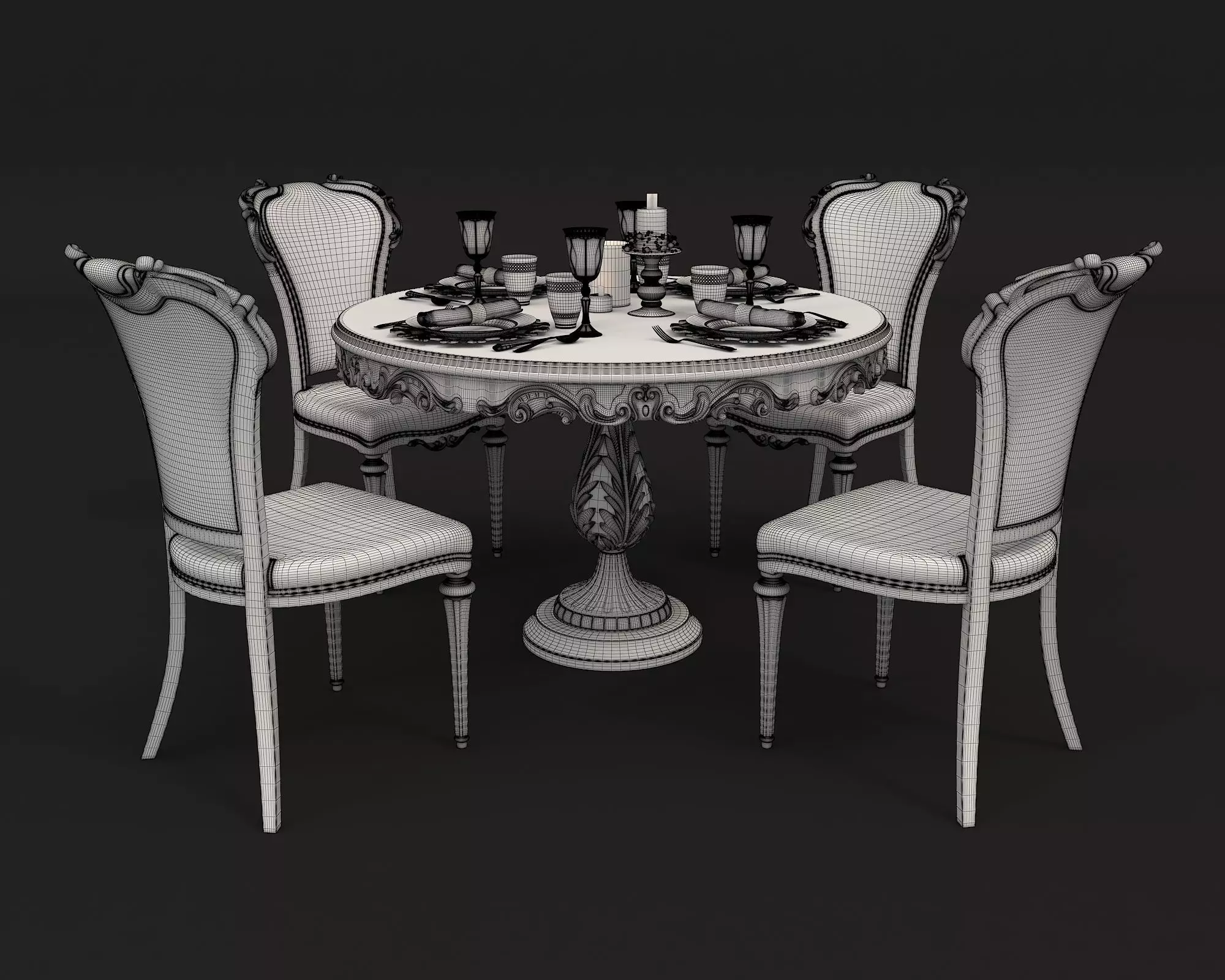 Classic European style Dining Table and Chairs 18 3D model_12