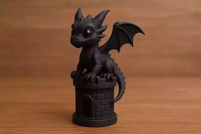 Little Black Dragon on Castle Tower Figure