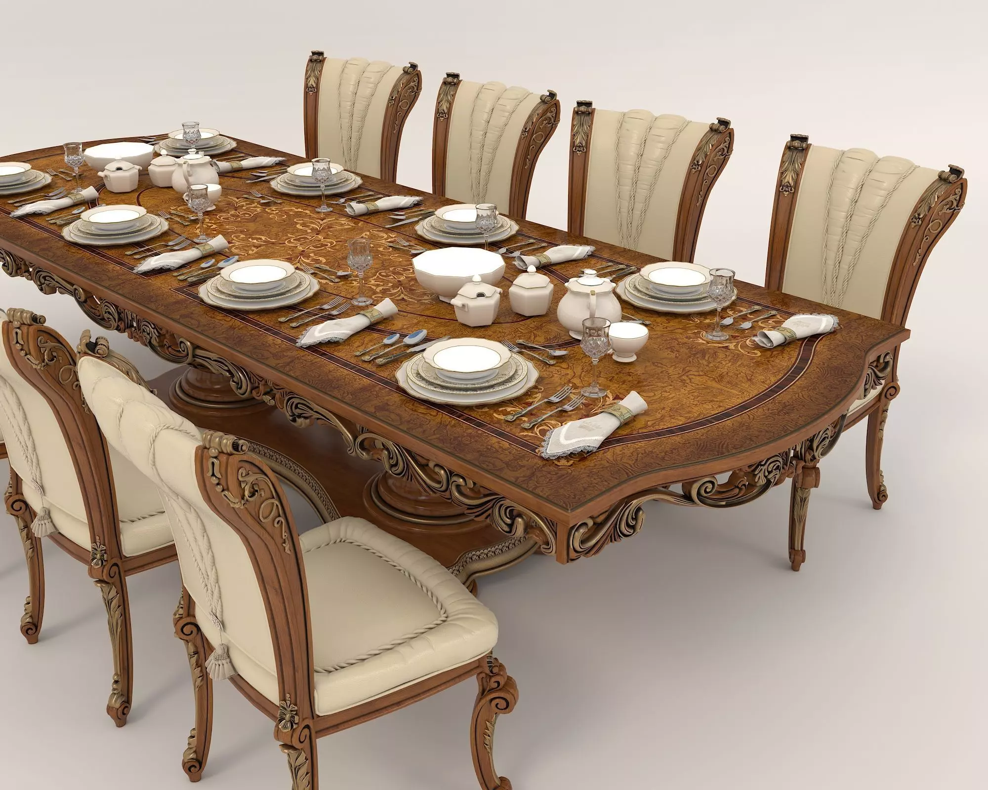 Classic European style Dining Table and Chairs 27 3D model_5