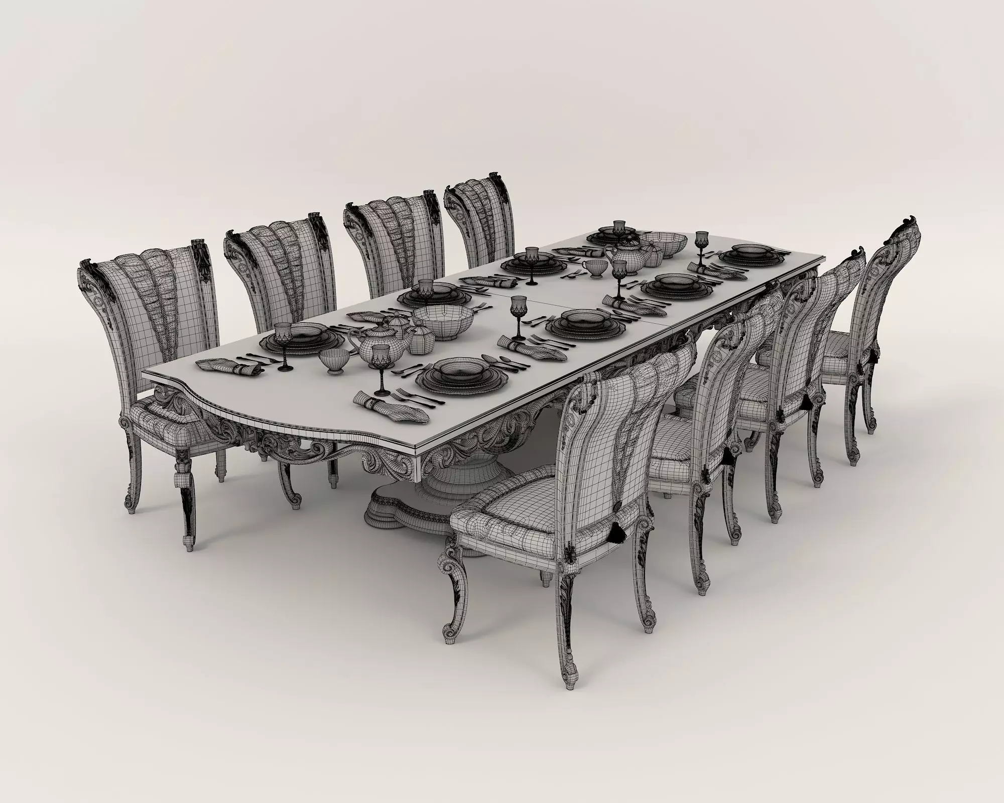Classic European style Dining Table and Chairs 27 3D model_10