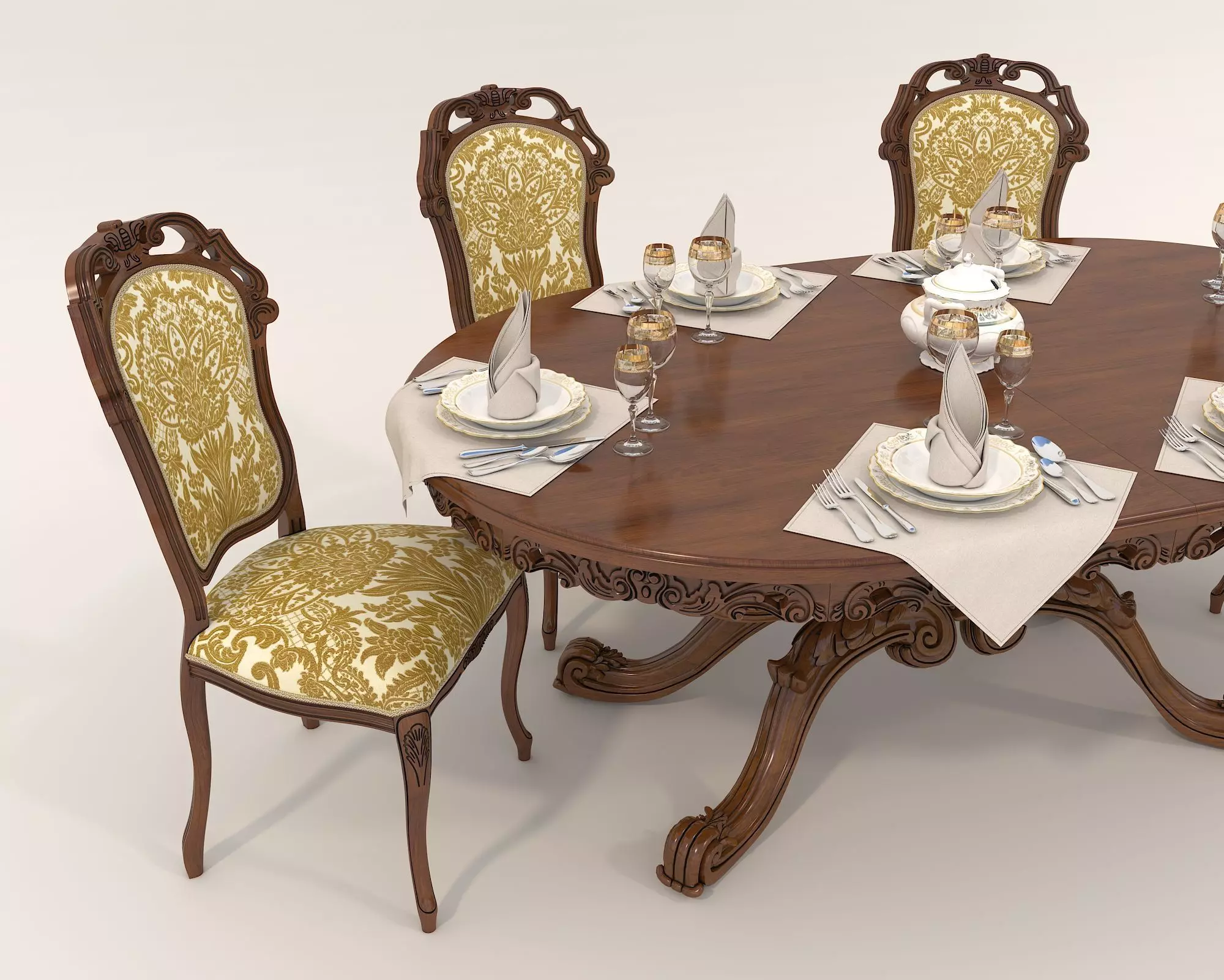 Classic European style Dining Table and Chairs 28 3D model_3