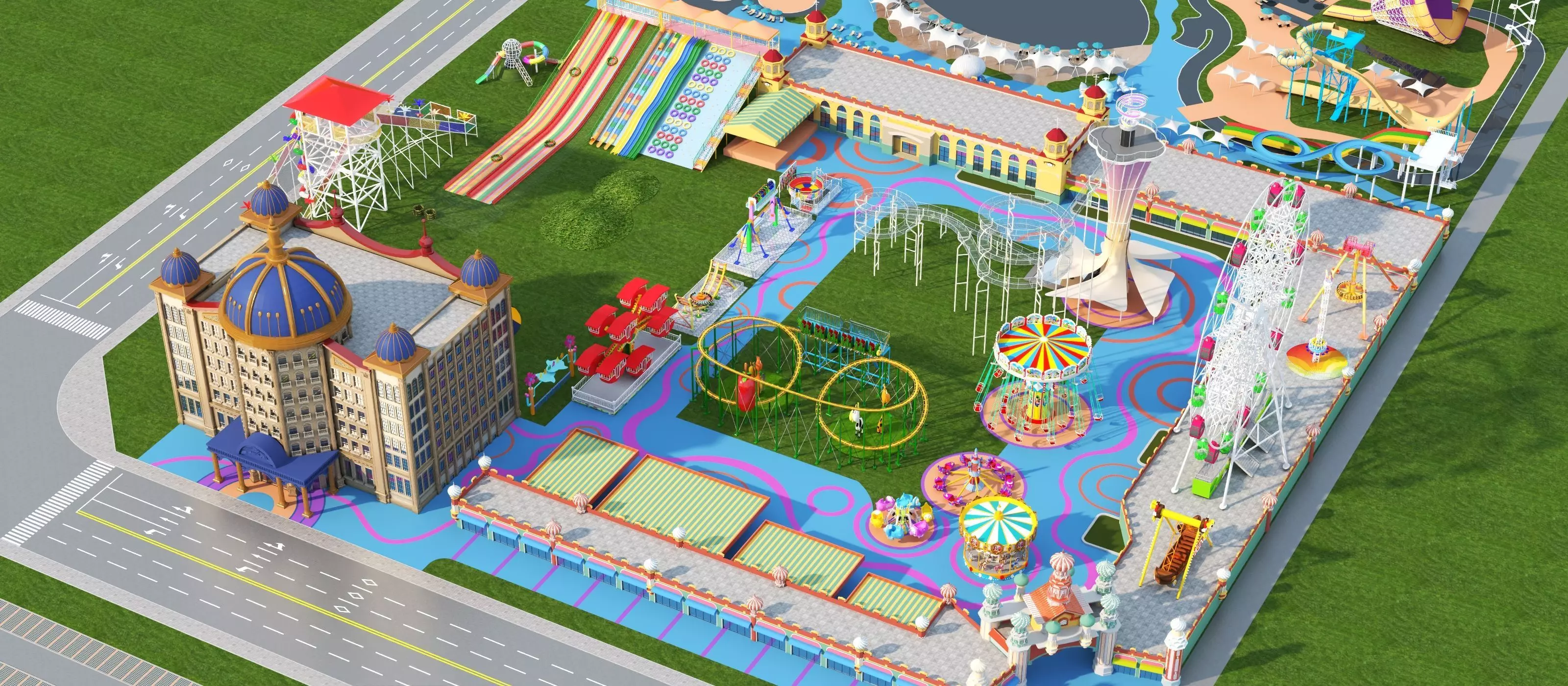 Cartoon colorful childrens theme park many amusement equipment Low-poly 3D model_0