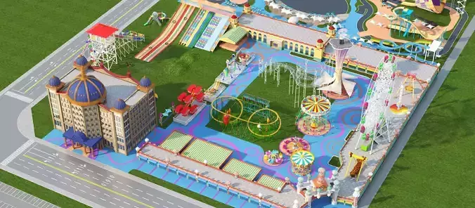 Cartoon colorful childrens theme park many amusement equipment