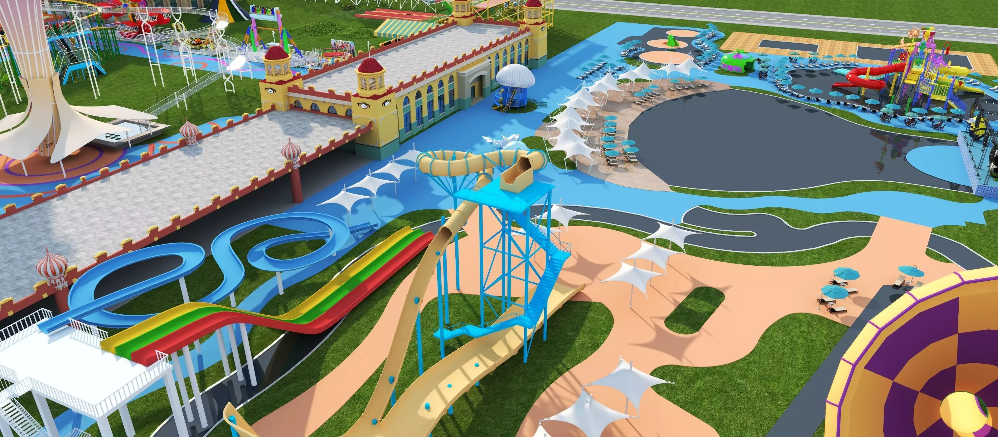 Cartoon colorful childrens theme park many amusement equipment Low-poly 3D model_9