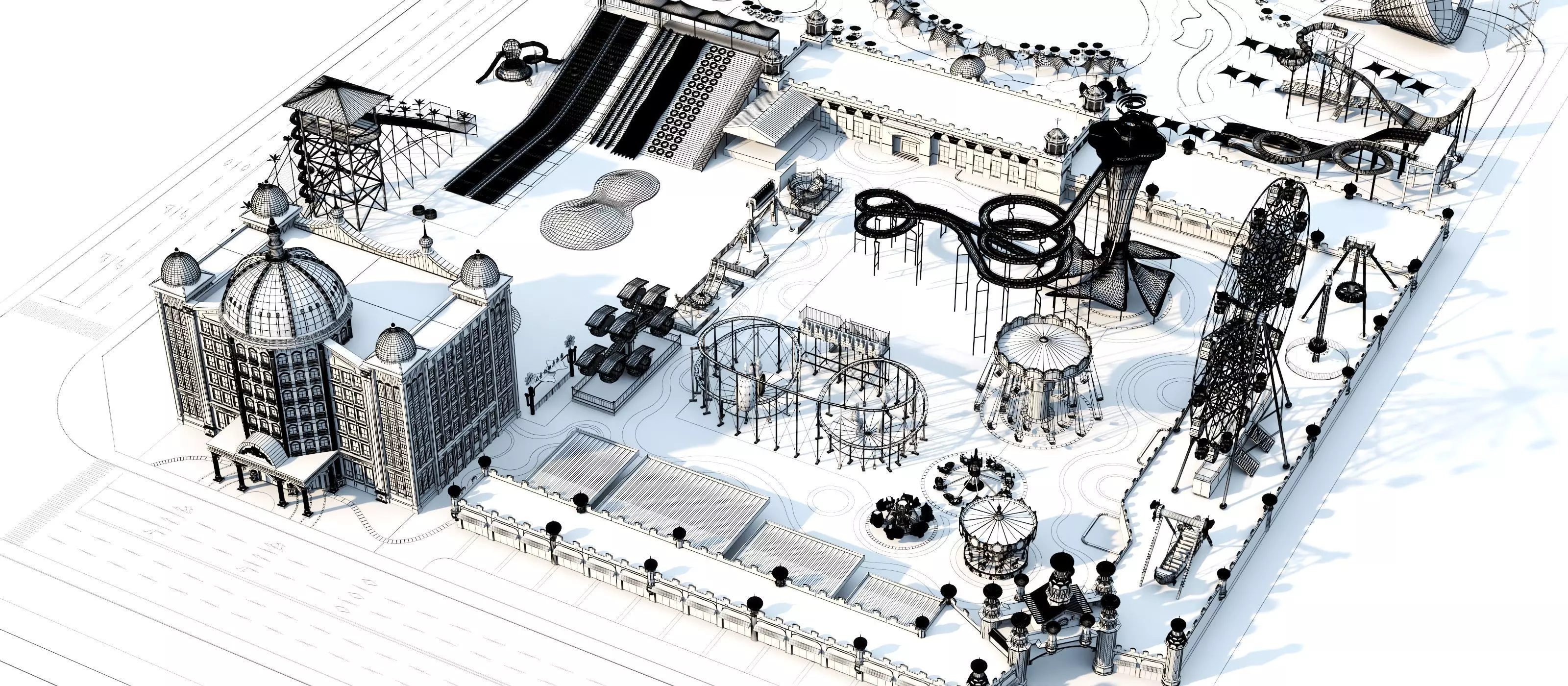 Cartoon colorful childrens theme park many amusement equipment Low-poly 3D model_11