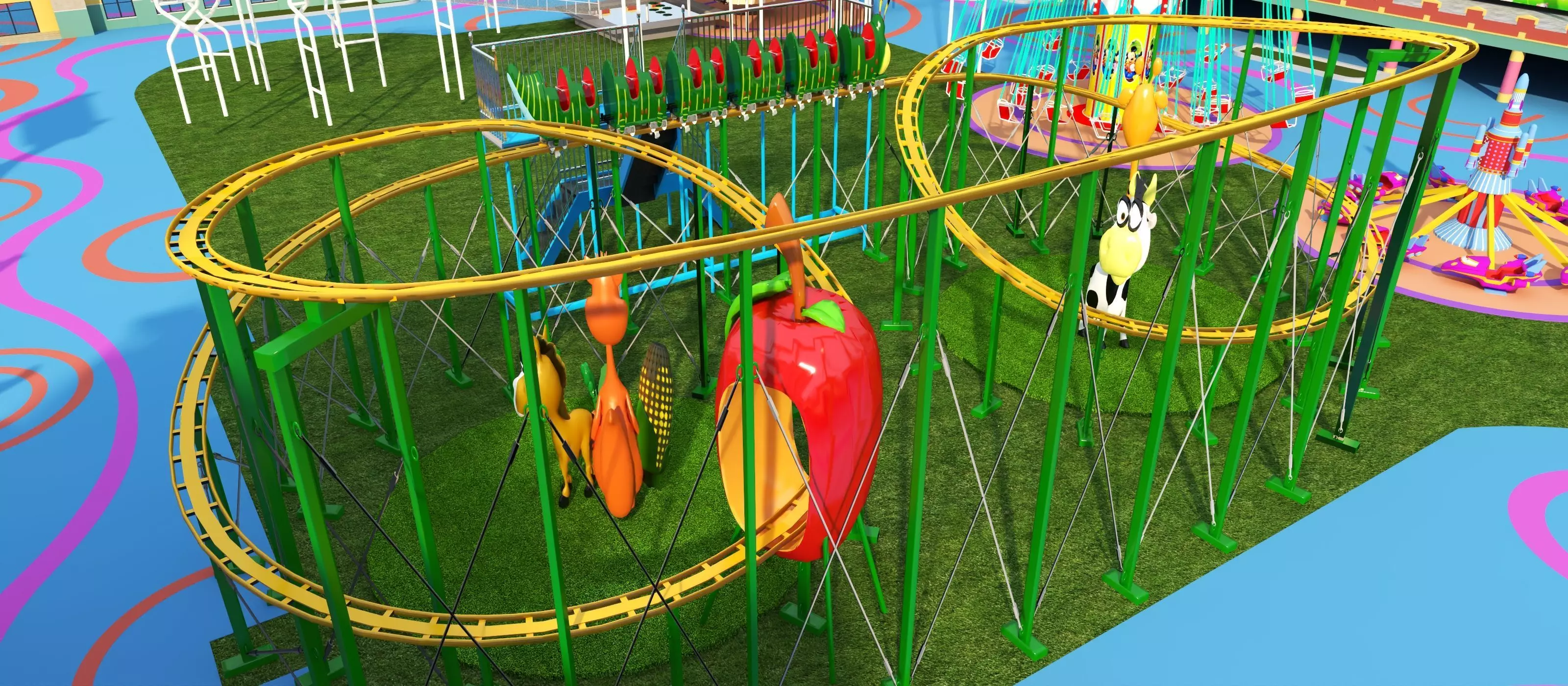 Cartoon colorful childrens theme park many amusement equipment Low-poly 3D model_8