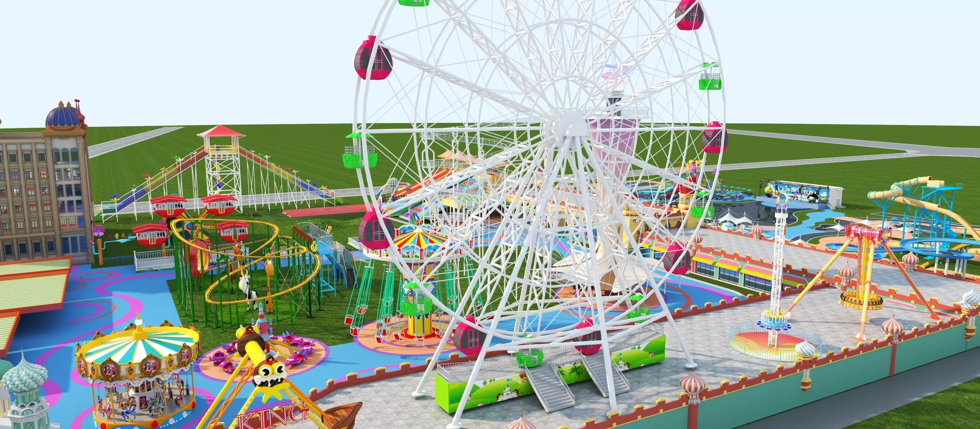 Cartoon colorful childrens theme park many amusement equipment Low-poly 3D model_1