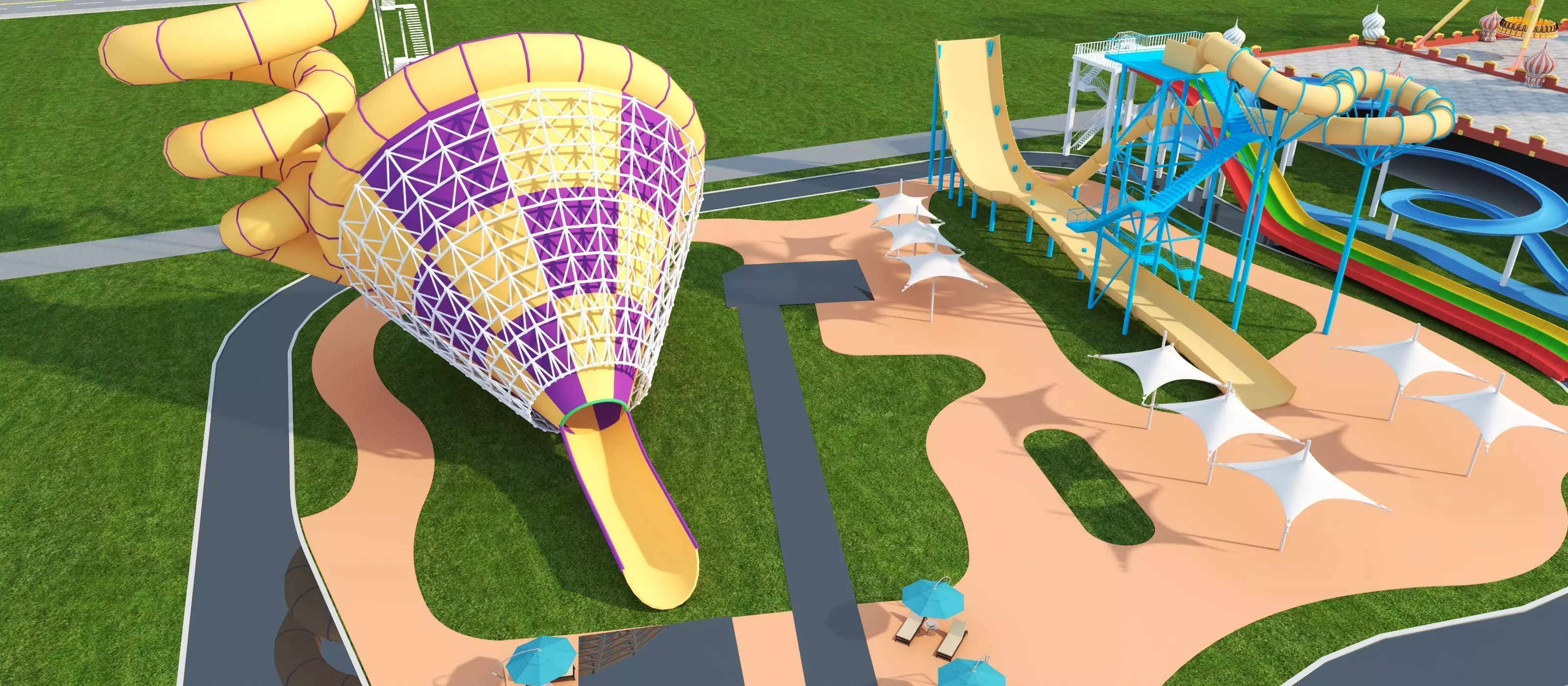 Cartoon colorful childrens theme park many amusement equipment Low-poly 3D model_4