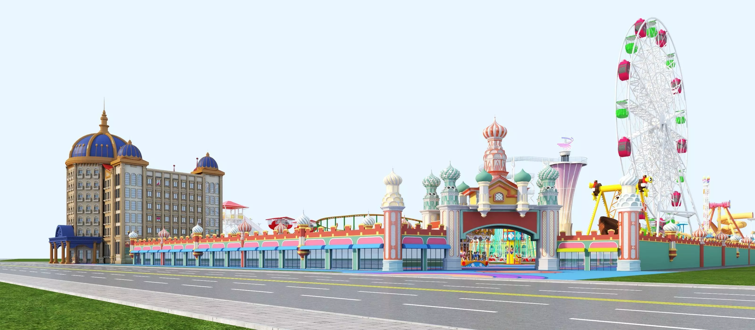 Cartoon colorful childrens theme park many amusement equipment Low-poly 3D model_2
