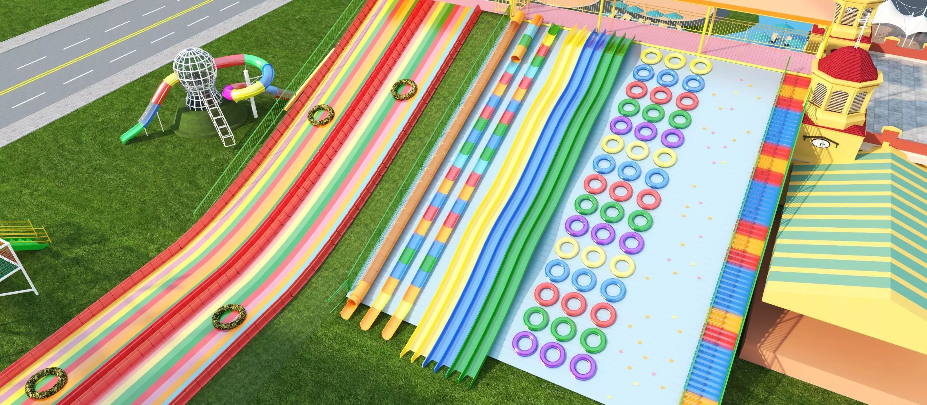 Cartoon colorful childrens theme park many amusement equipment Low-poly 3D model_5