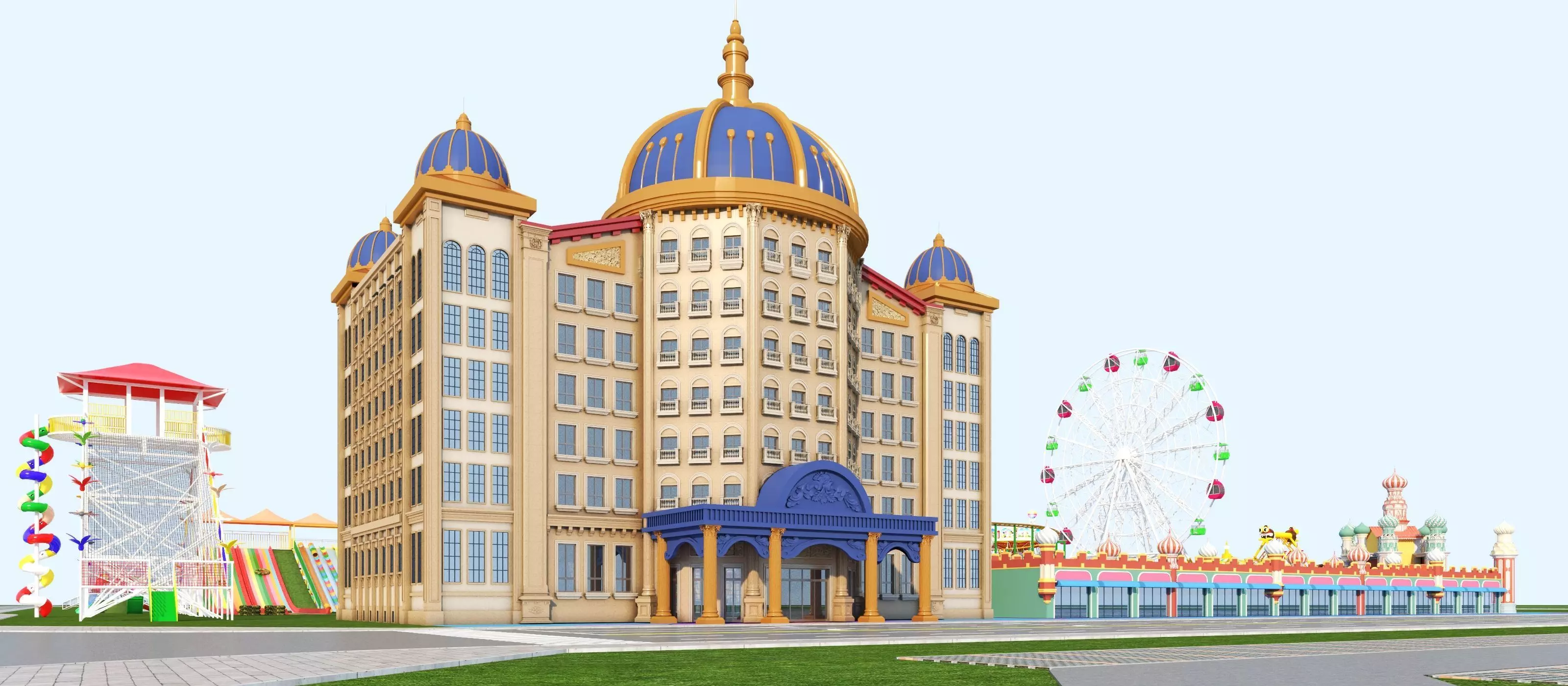 Cartoon colorful childrens theme park many amusement equipment Low-poly 3D model_3