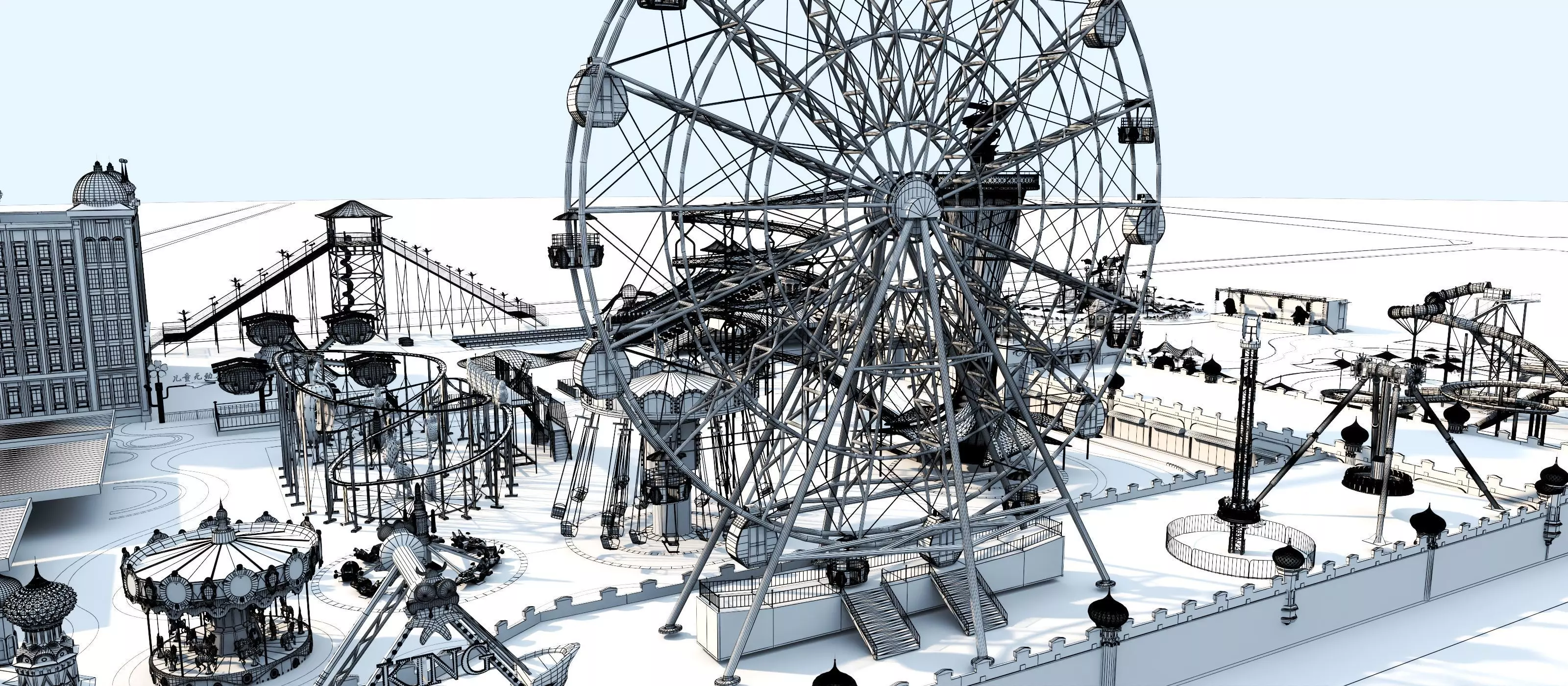 Cartoon colorful childrens theme park many amusement equipment Low-poly 3D model_14