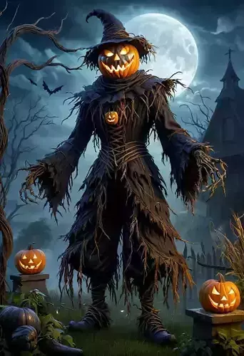 Scary Halloween Scarecrow Character Glowing Pumpkin Head Low-poly 3D model Scary Halloween Scarecrow Character Glowing Pumpkin Head Low-poly 3D model