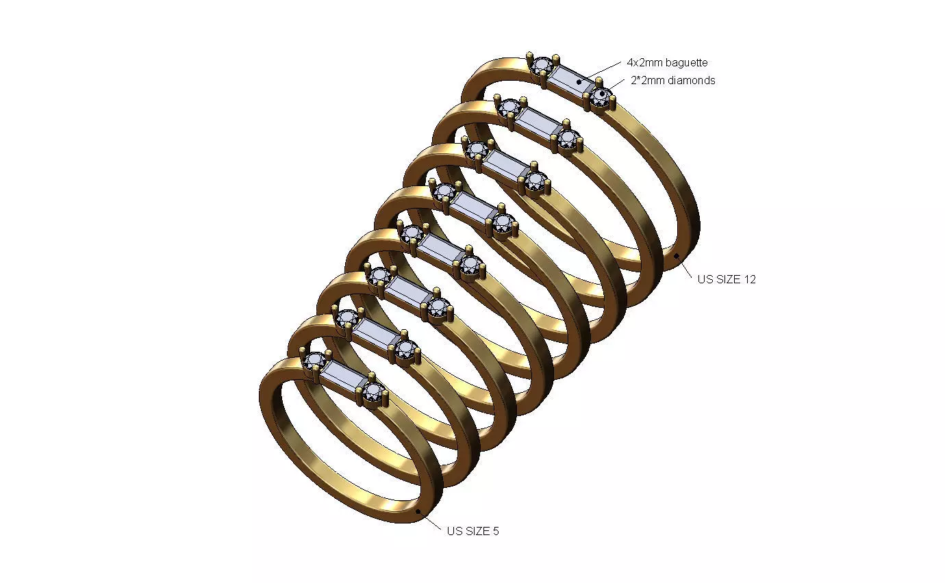 Dainty baguette diamond cluster stacker band US sizes 5to11 3D print model