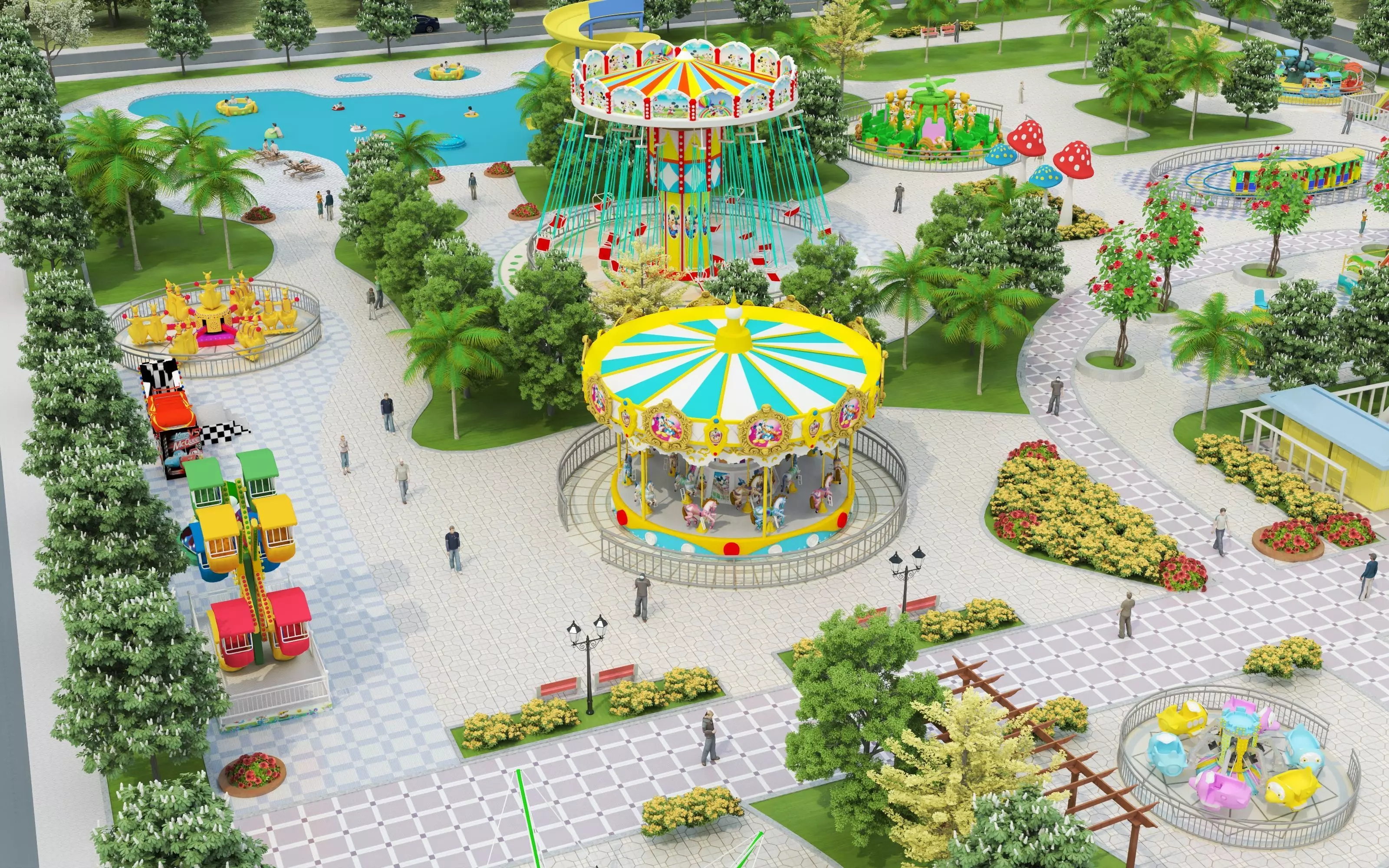 Cartoon colorful childrens theme park many amusement equipment Low-poly 3D model_6