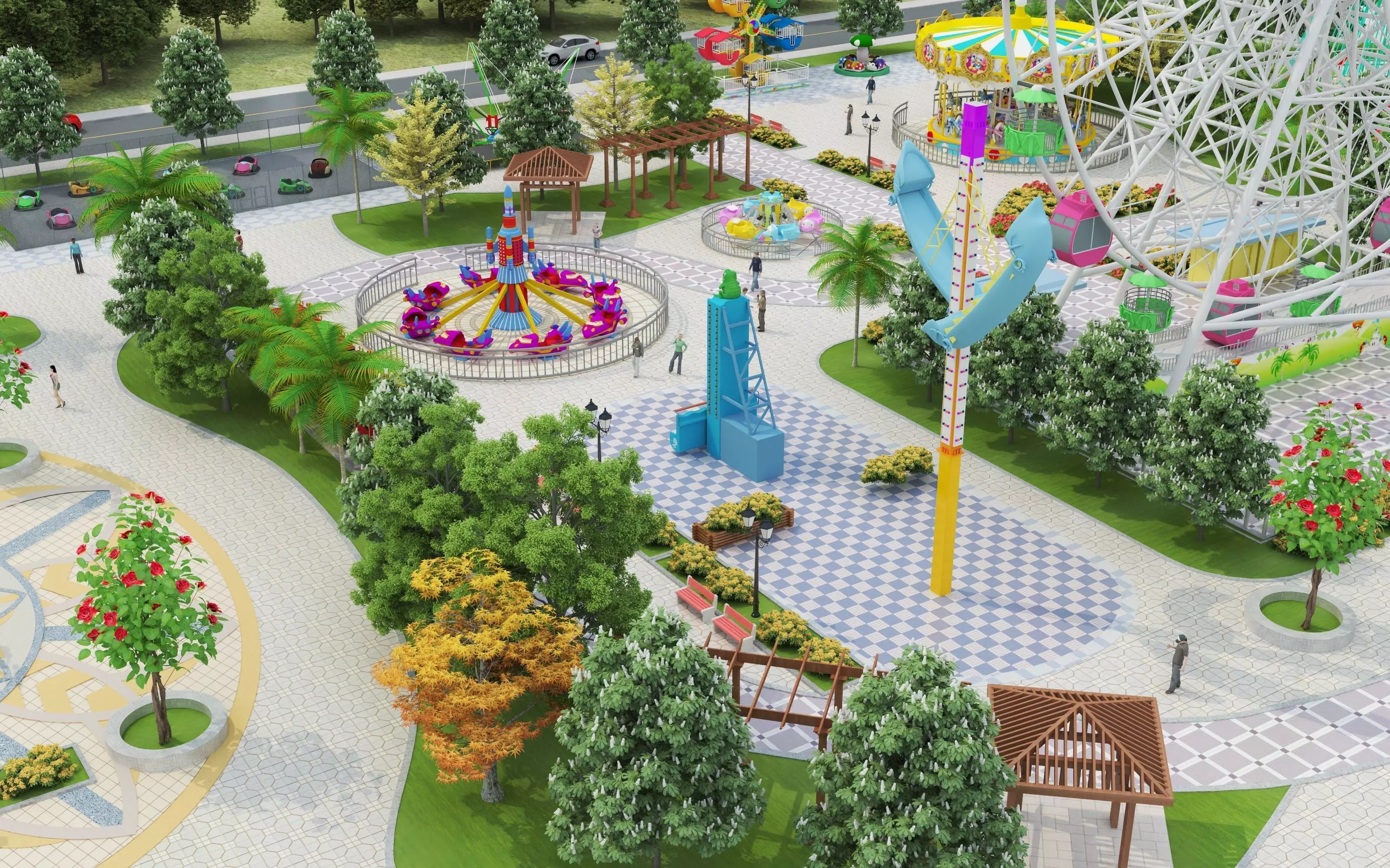 Cartoon colorful childrens theme park many amusement equipment Low-poly 3D model_16