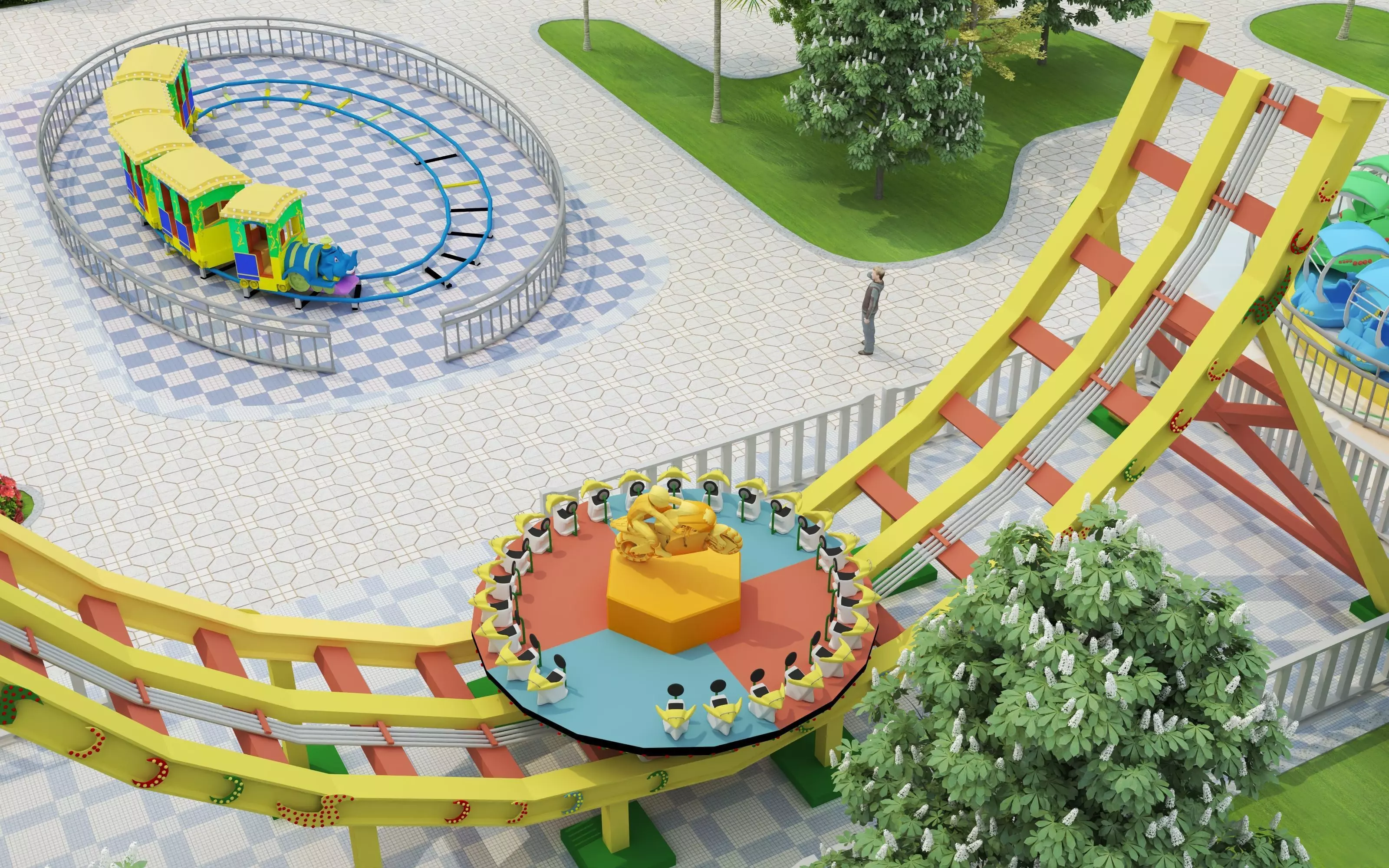 Cartoon colorful childrens theme park many amusement equipment Low-poly 3D model_10