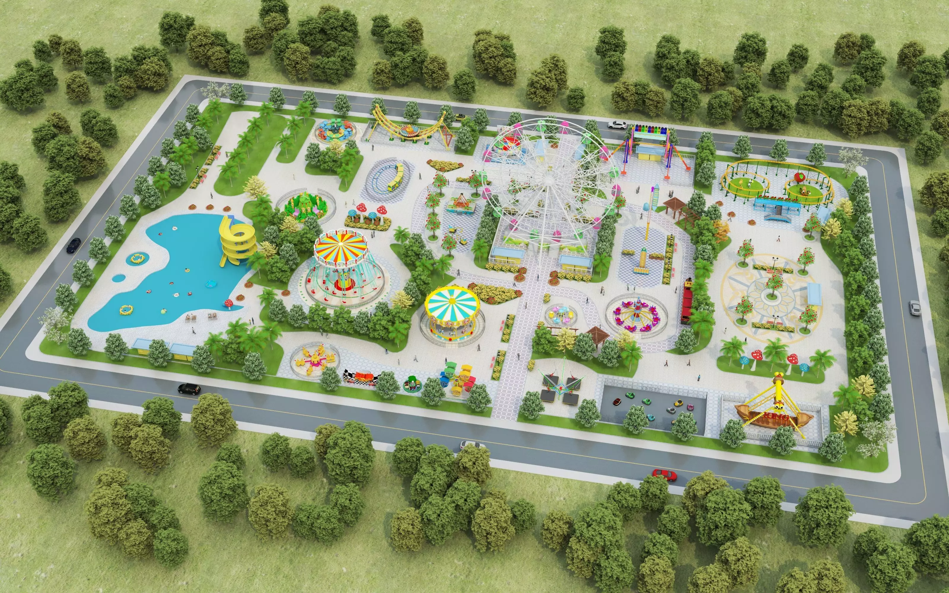 Cartoon colorful childrens theme park many amusement equipment Low-poly 3D model_0