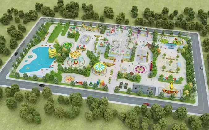 Cartoon colorful childrens theme park many amusement equipment