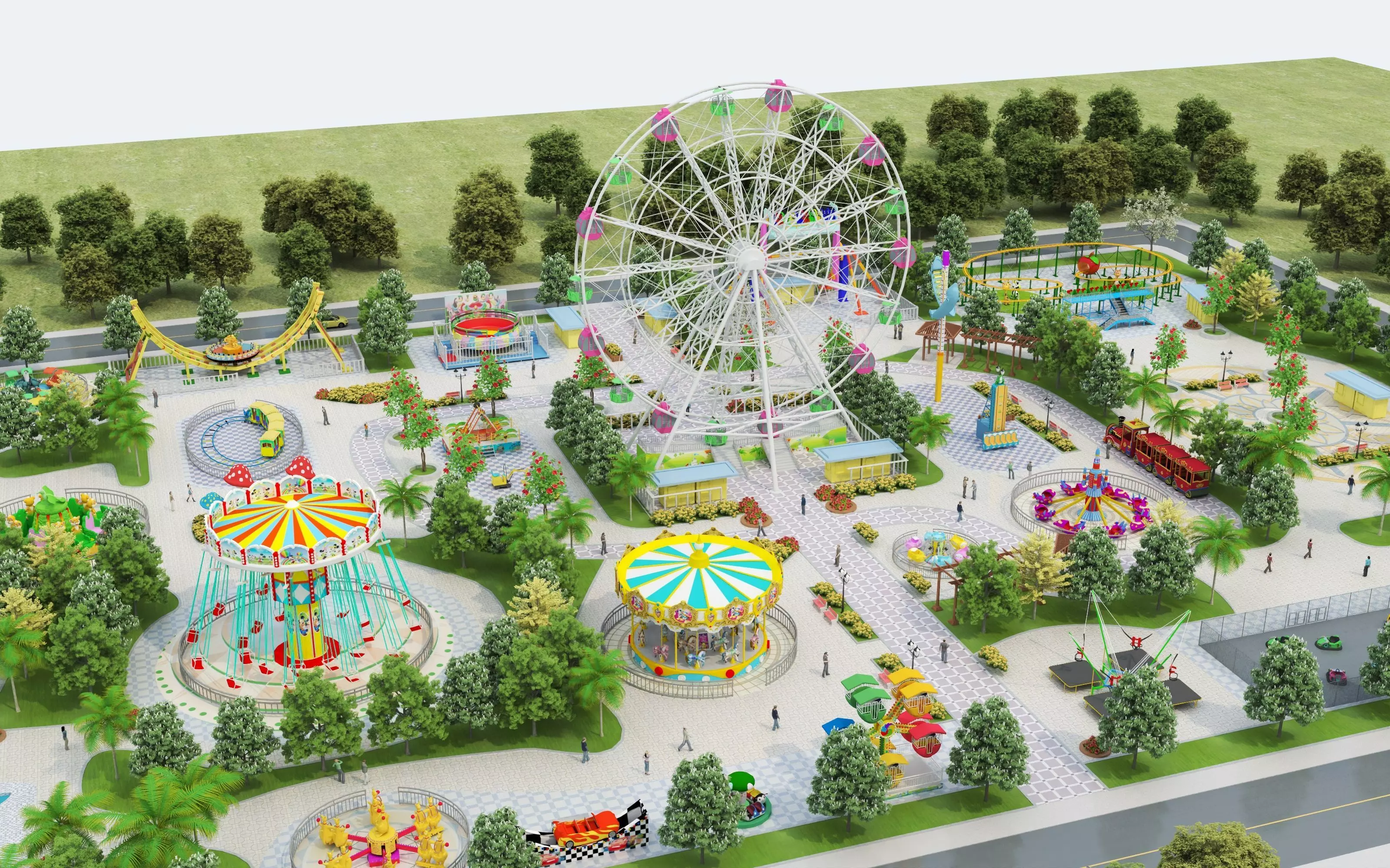 Cartoon colorful childrens theme park many amusement equipment Low-poly 3D model_3