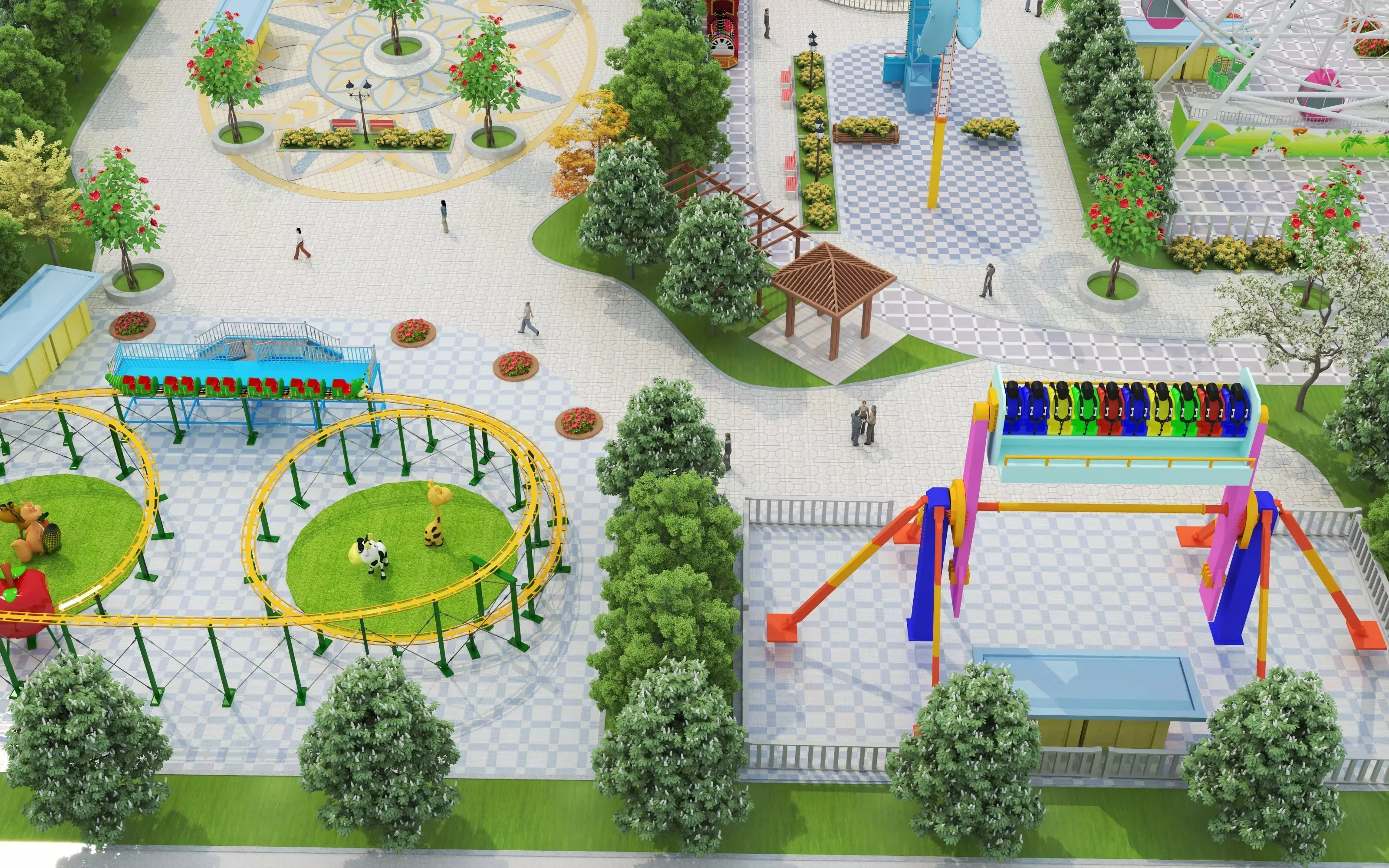 Cartoon colorful childrens theme park many amusement equipment Low-poly 3D model_17