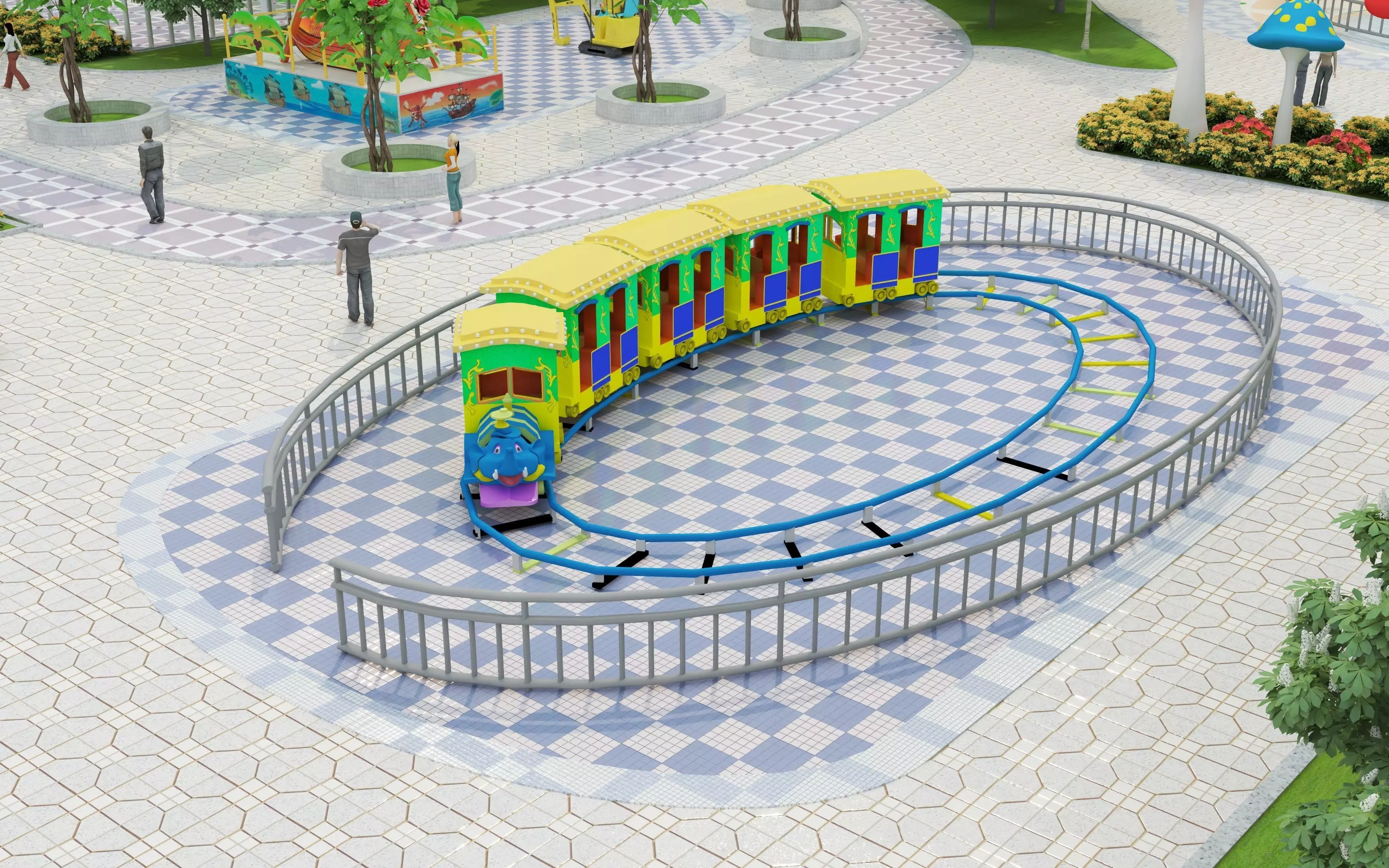 Cartoon colorful childrens theme park many amusement equipment Low-poly 3D model_9