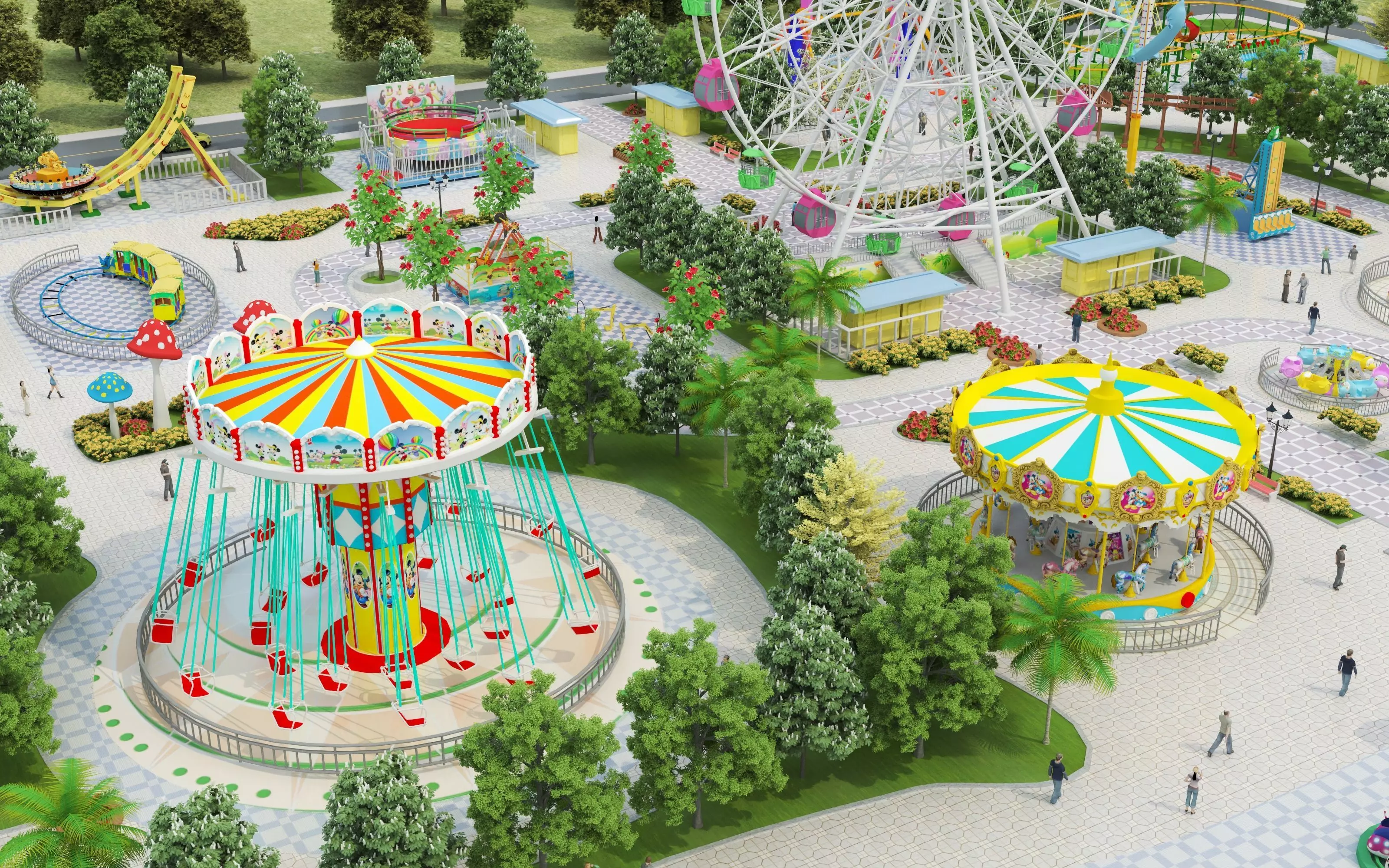 Cartoon colorful childrens theme park many amusement equipment Low-poly 3D model_5