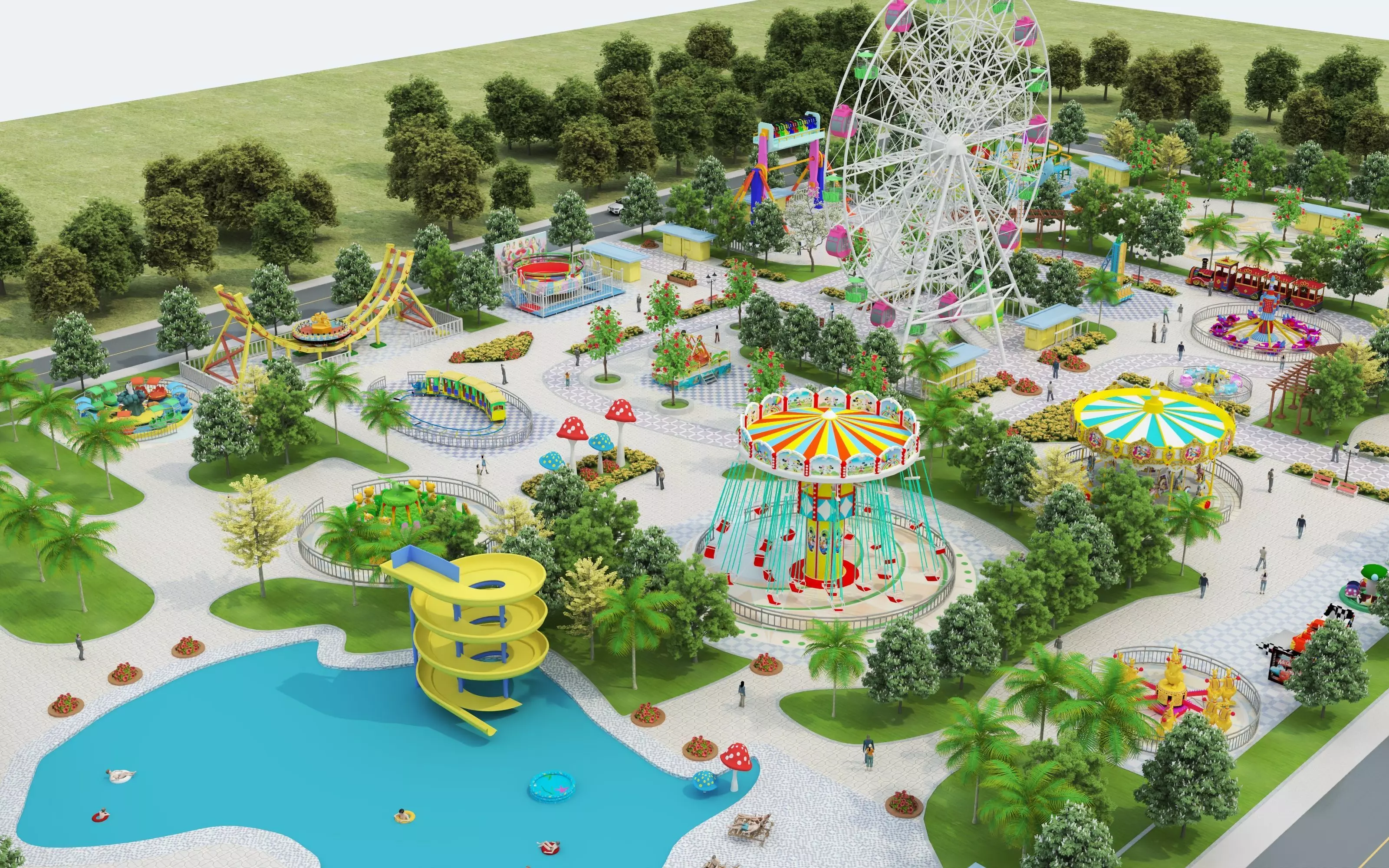 Cartoon colorful childrens theme park many amusement equipment Low-poly 3D model_2
