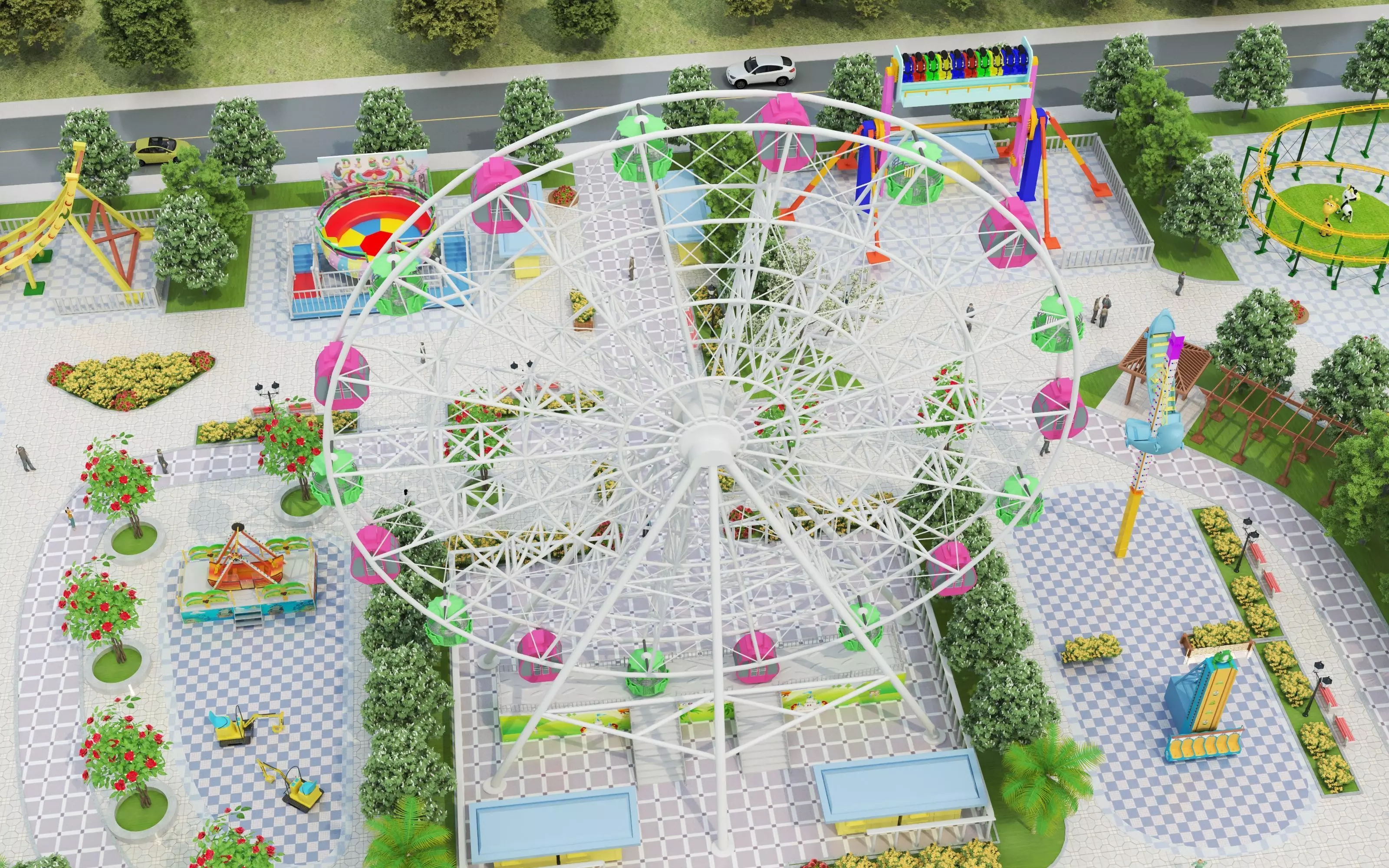 Cartoon colorful childrens theme park many amusement equipment Low-poly 3D model_15