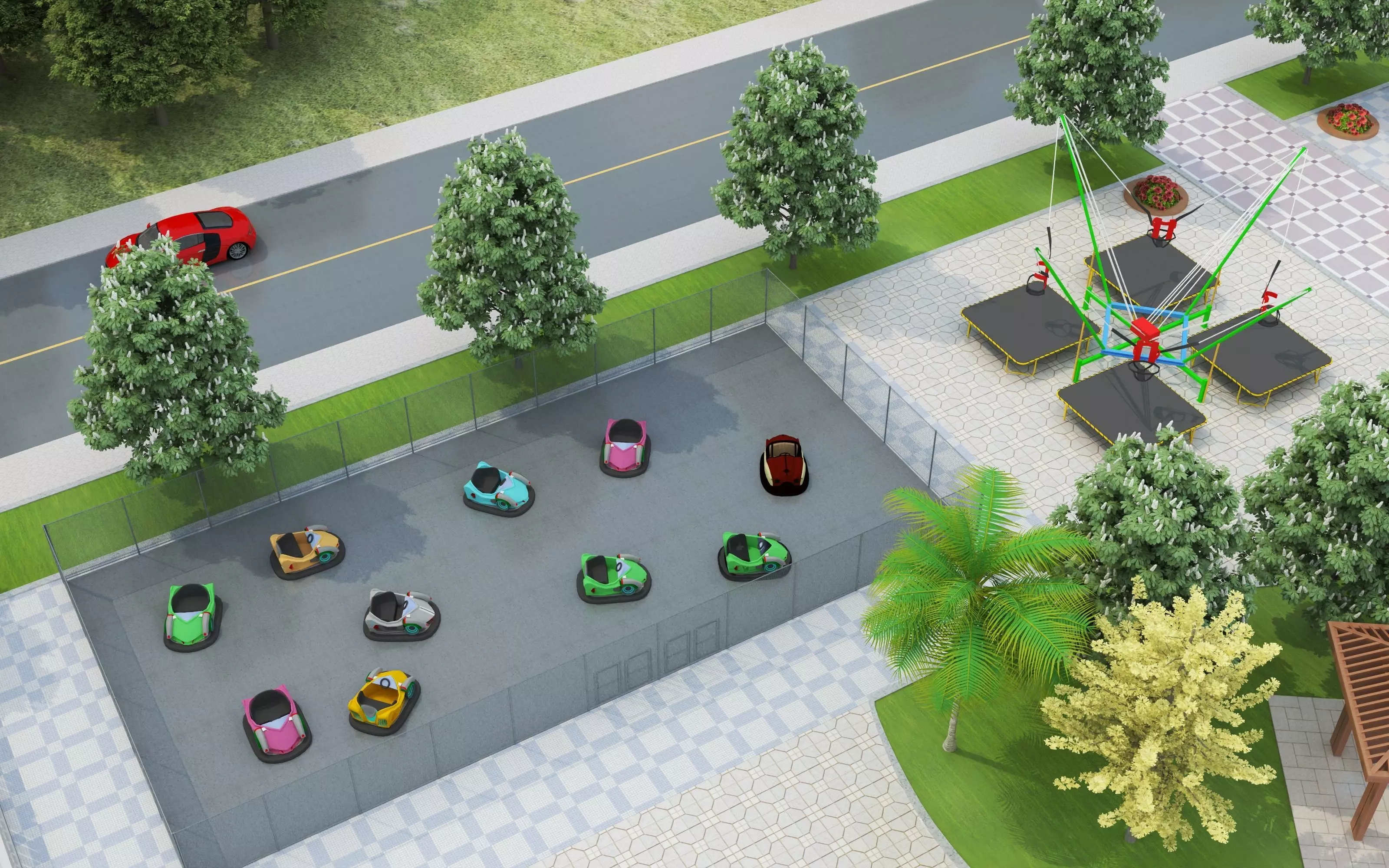 Cartoon colorful childrens theme park many amusement equipment Low-poly 3D model_14