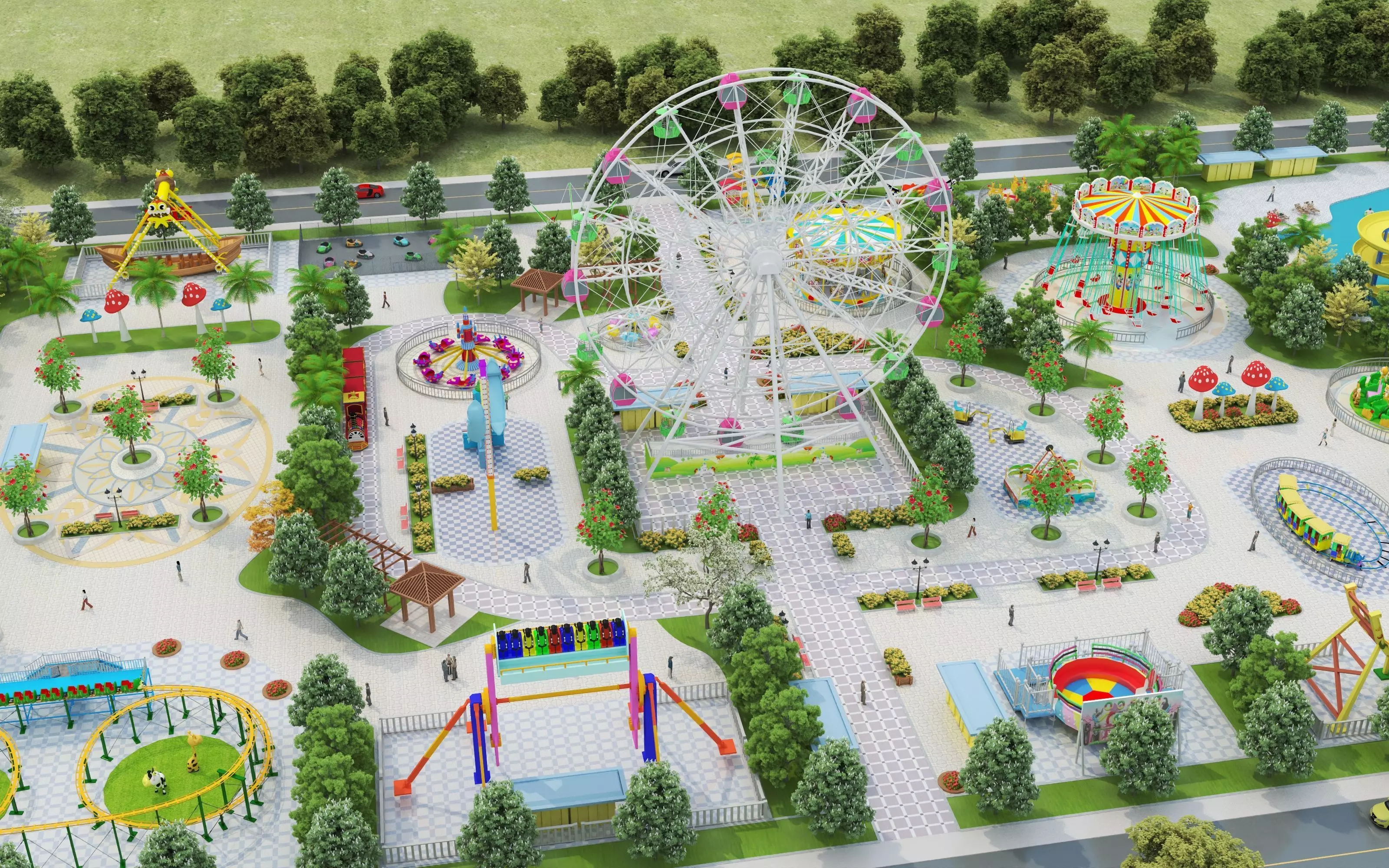 Cartoon colorful childrens theme park many amusement equipment Low-poly 3D model_4