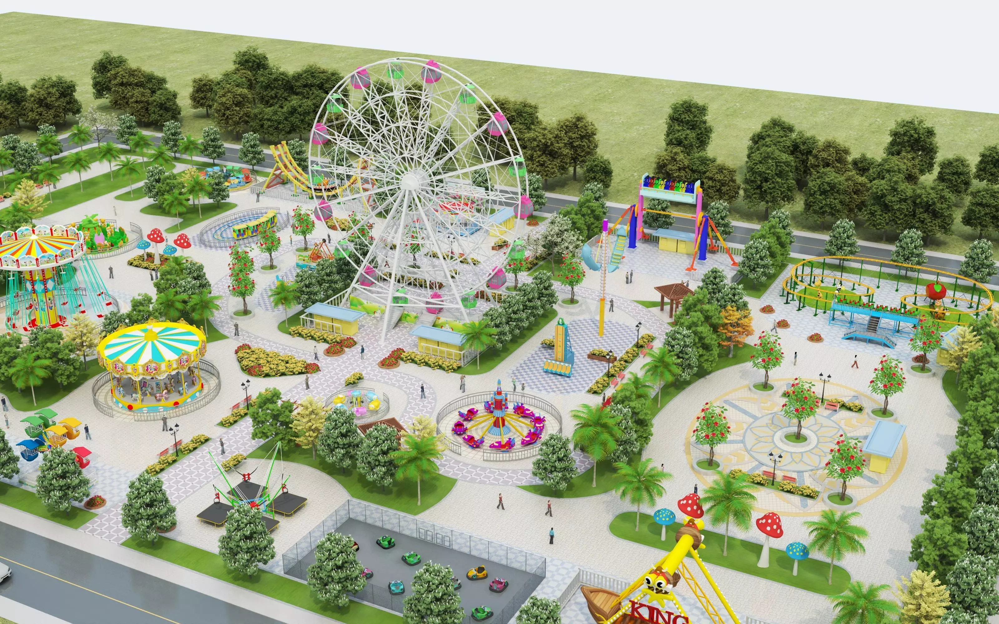 Cartoon colorful childrens theme park many amusement equipment Low-poly 3D model_1