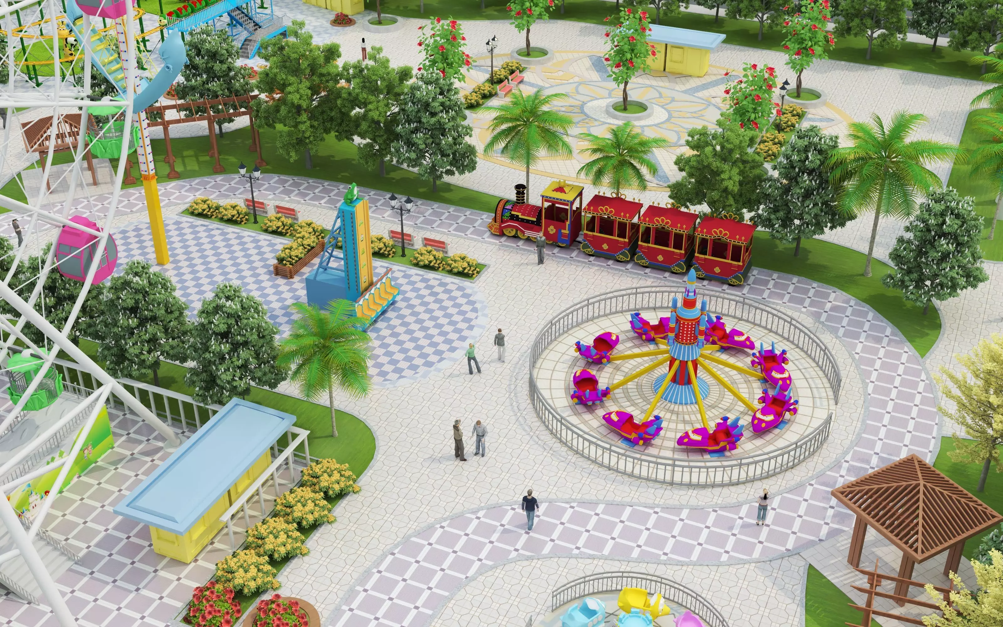 Cartoon colorful childrens theme park many amusement equipment Low-poly 3D model_20